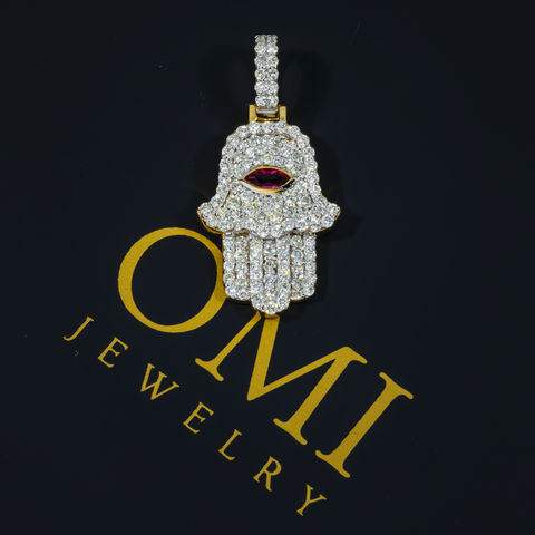 10K GOLD DIAMOND HAMSA WITH RED RUBY STONE PENDANT 1.00 CTW