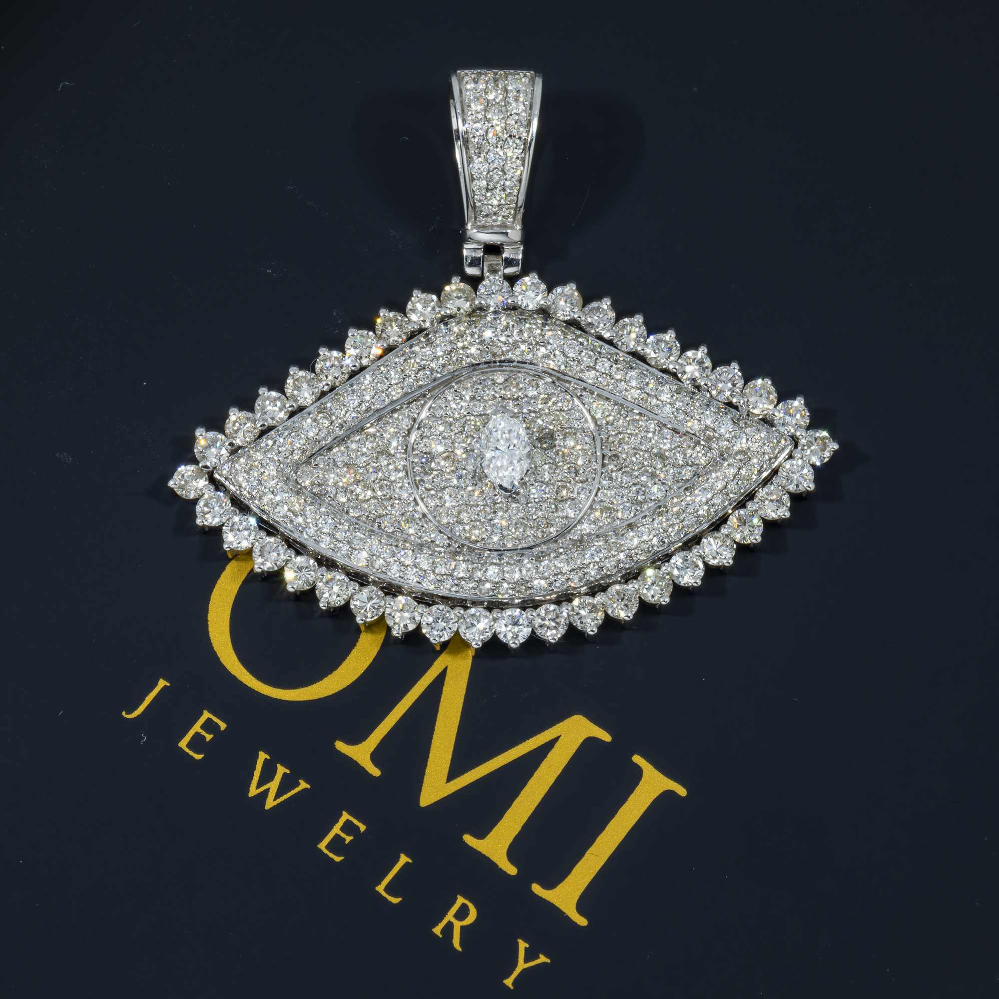 10K GOLD MARQUISE CENTER DIAMOND EVIL EYE PENDANT 4.00 CTW