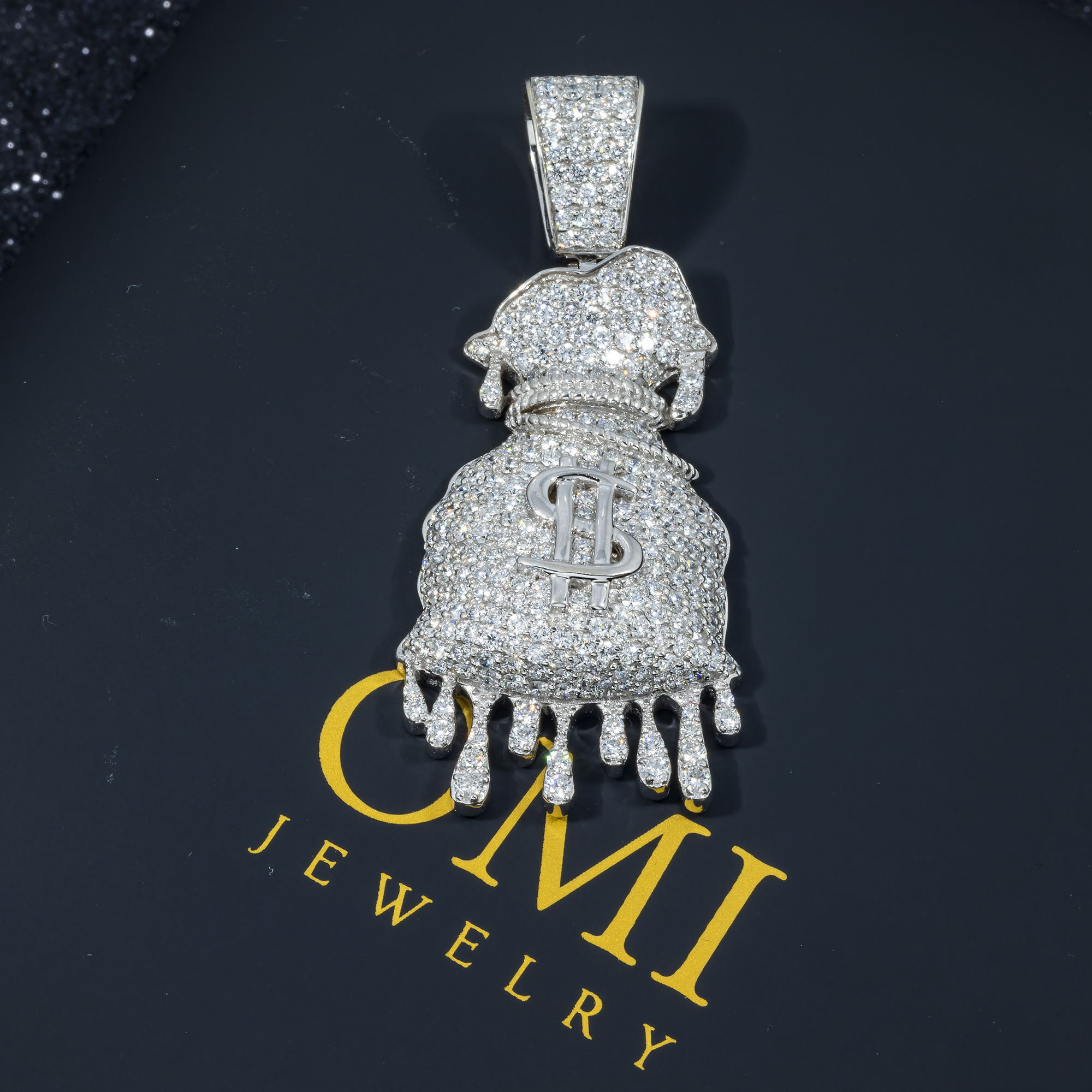 14K GOLD DIAMOND DRIPPING MONEY BAG PENDANT 3.75 CT