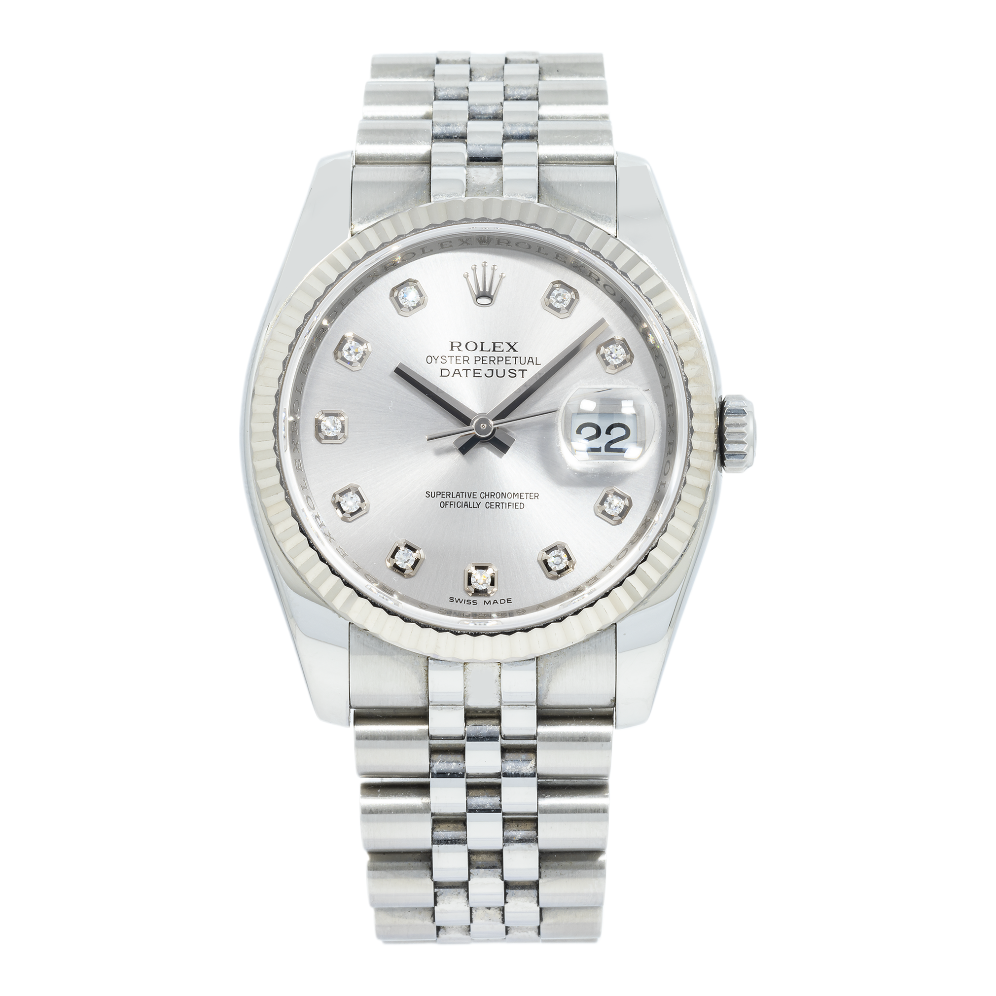 Rolex Datejust 36MM 116234 Silver Diamond Dial White Gold Fluted Bezel Stainless Steel Jubilee Bracelet