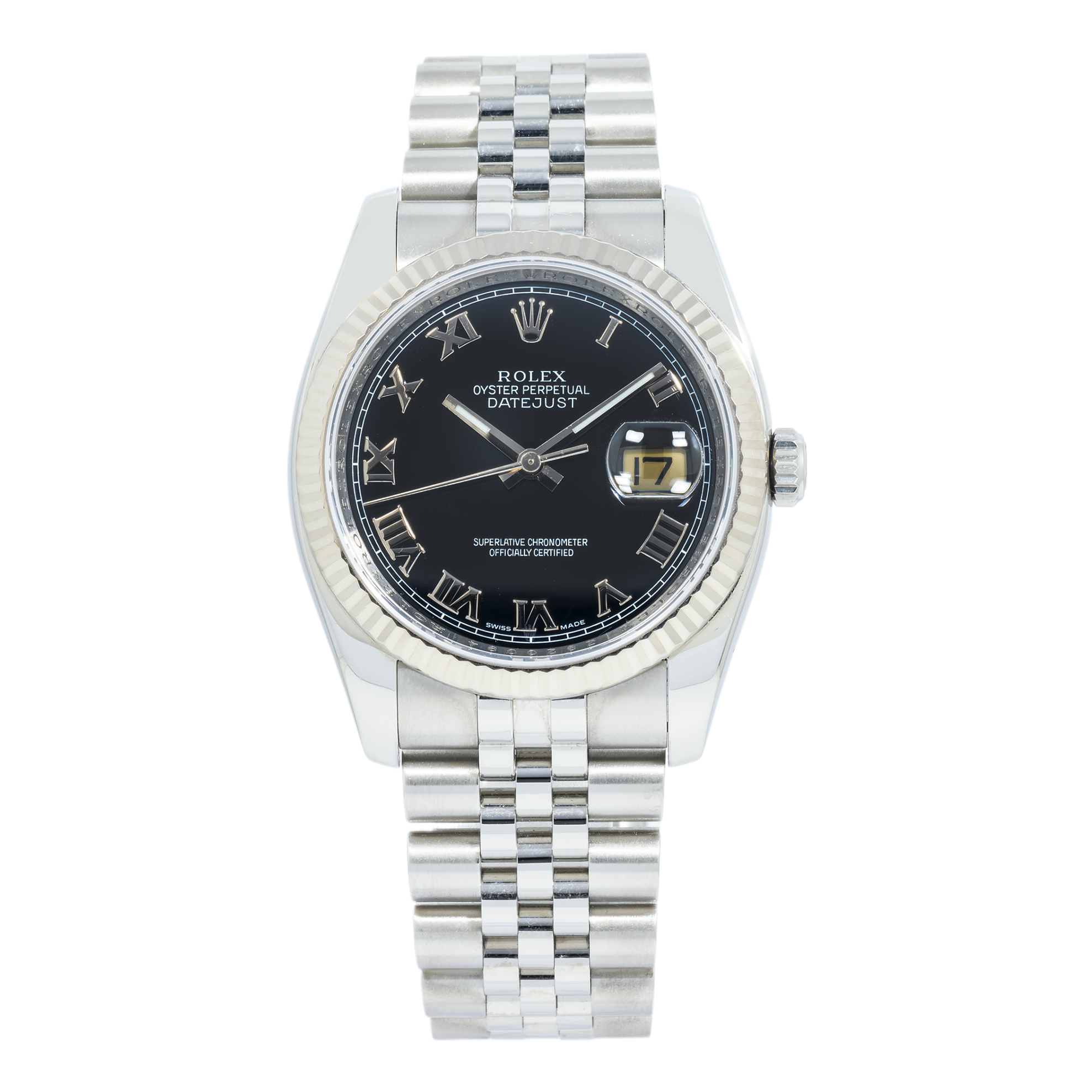 Rolex Datejust 36MM 116234 Black Roman Dial White Gold Fluted Bezel Stainless Steel Jubilee Bracelet