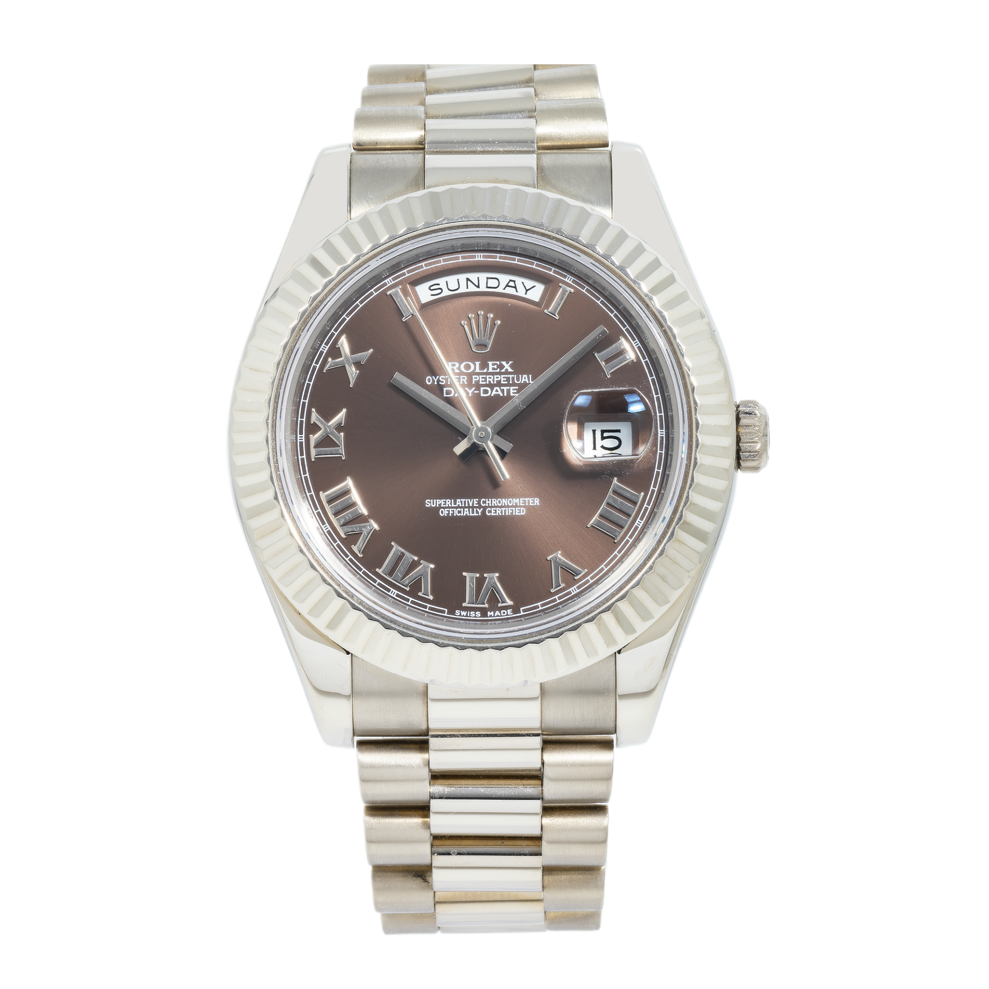 Rolex Day-Date II 41MM 218239 Chocolate Roman Dial White Gold Fluted Bezel 18K White Gold President Bracelet