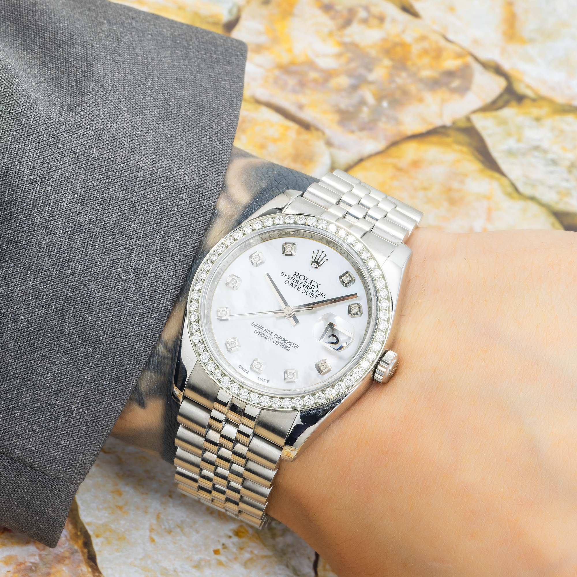 Rolex Datejust 36MM 116234 White Mother of Pearl Diamond Dial Diamond Bezel Stainless Steel Jubilee Bracelet