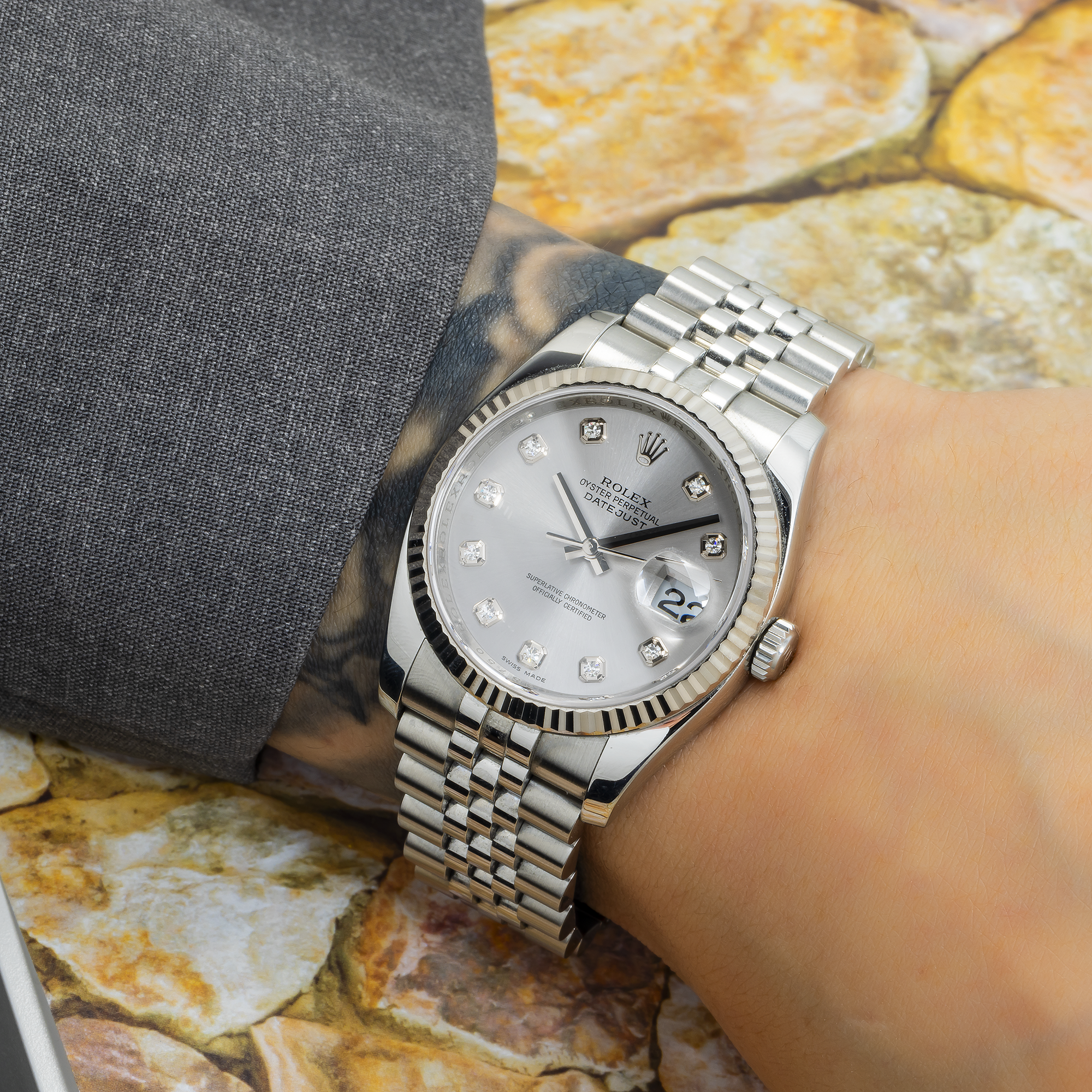 Rolex Datejust 36MM 116234 Silver Diamond Dial Fluted Bezel Stainless Steel Jubilee Bracelet