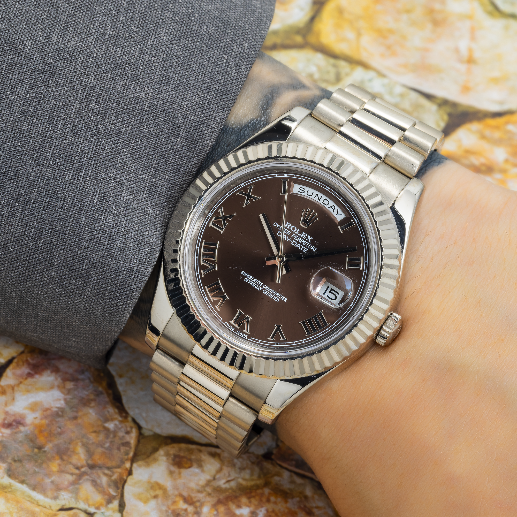 Rolex Day-Date II 41MM 218239 Chocolate Roman Dial Fluted Bezel 18K White Gold President Bracelet