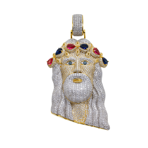 10K GOLD DIAMOND AND GEMSTONE JESUS HEAD PENDANT 13.06 CT