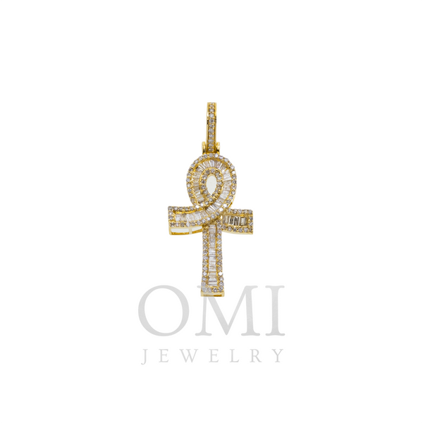 14K GOLD BAGUETTE AND ROUND DIAMOND ANKH PENDANT 0.72 CT