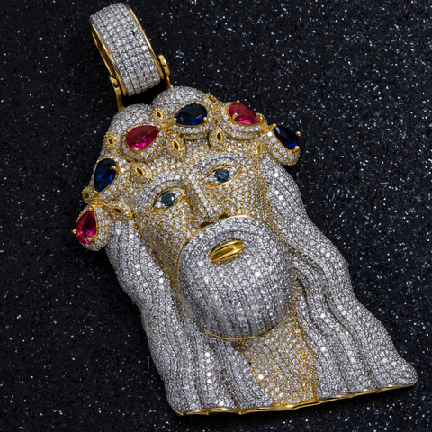 10K GOLD DIAMOND AND GEMSTONE JESUS HEAD PENDANT 13.06 CT