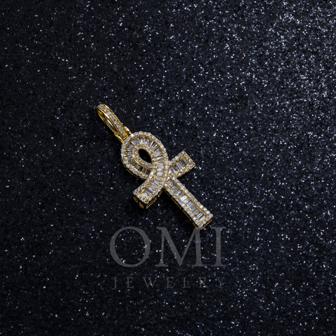 14K GOLD BAGUETTE AND ROUND DIAMOND ANKH PENDANT 0.72 CT