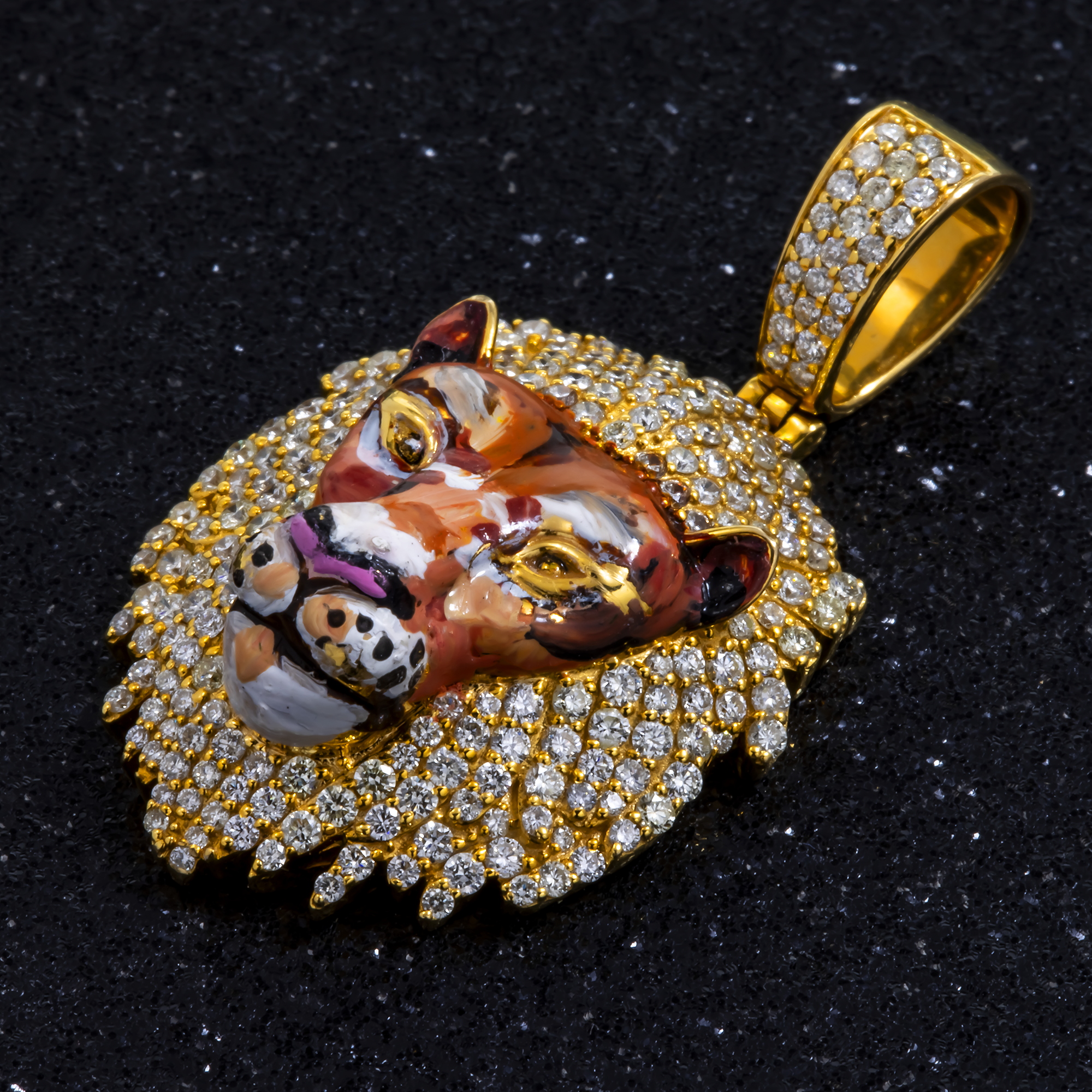 14K GOLD DIAMOND COLORED LION HEAD PENDANT 1.75 CT
