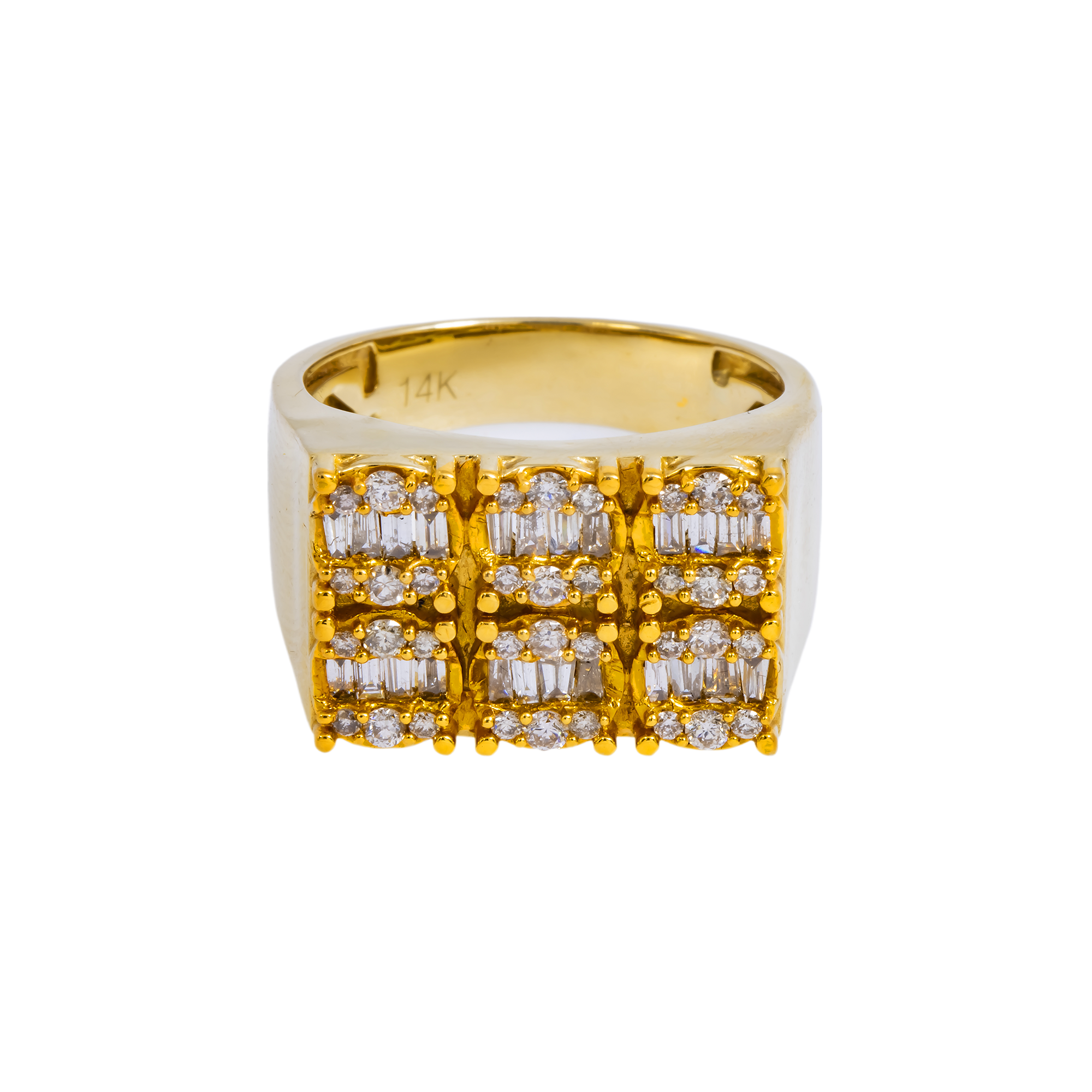 14K GOLD BAGUETTE AND ROUND DIAMOND RECTANGULAR STATEMENT RING 1.18 CT