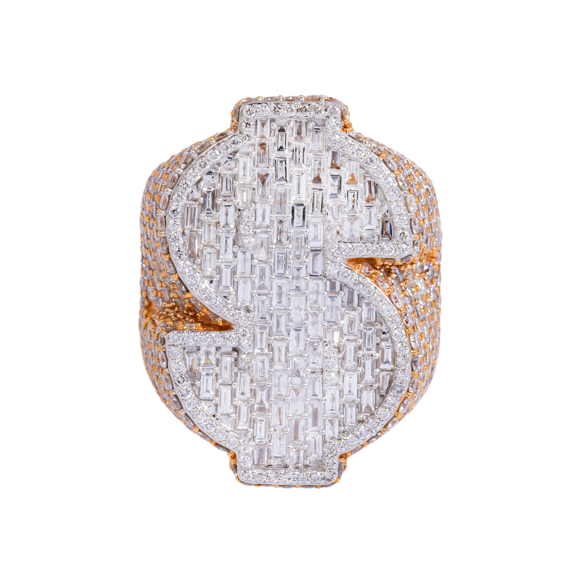 10K GOLD BAGUETTE AND ROUND DIAMOND TWO TONE DOLLAR SIGN STATEMENT RING 6.05 CT