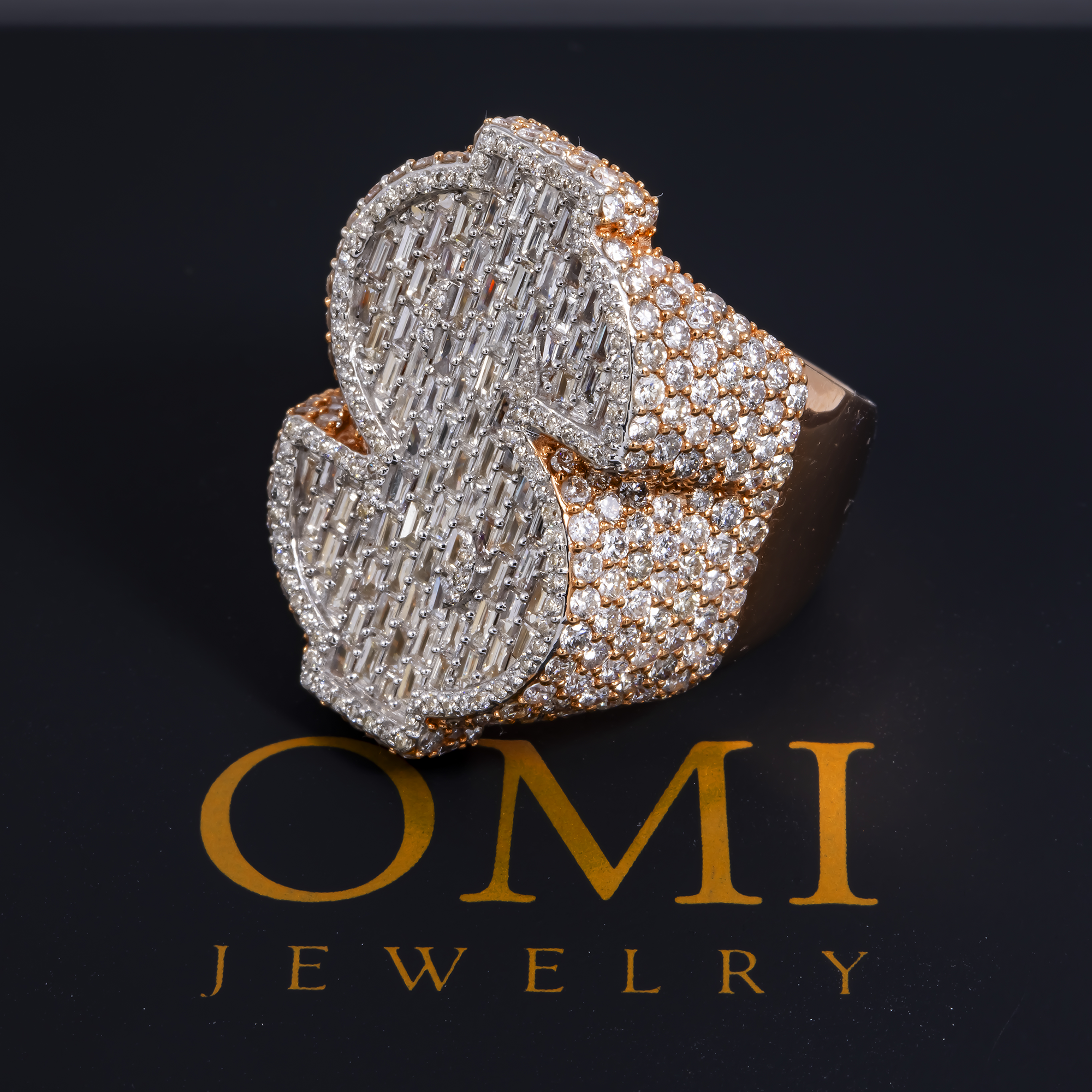 10K GOLD BAGUETTE AND ROUND DIAMOND TWO TONE DOLLAR SIGN STATEMENT RING 6.05 CT
