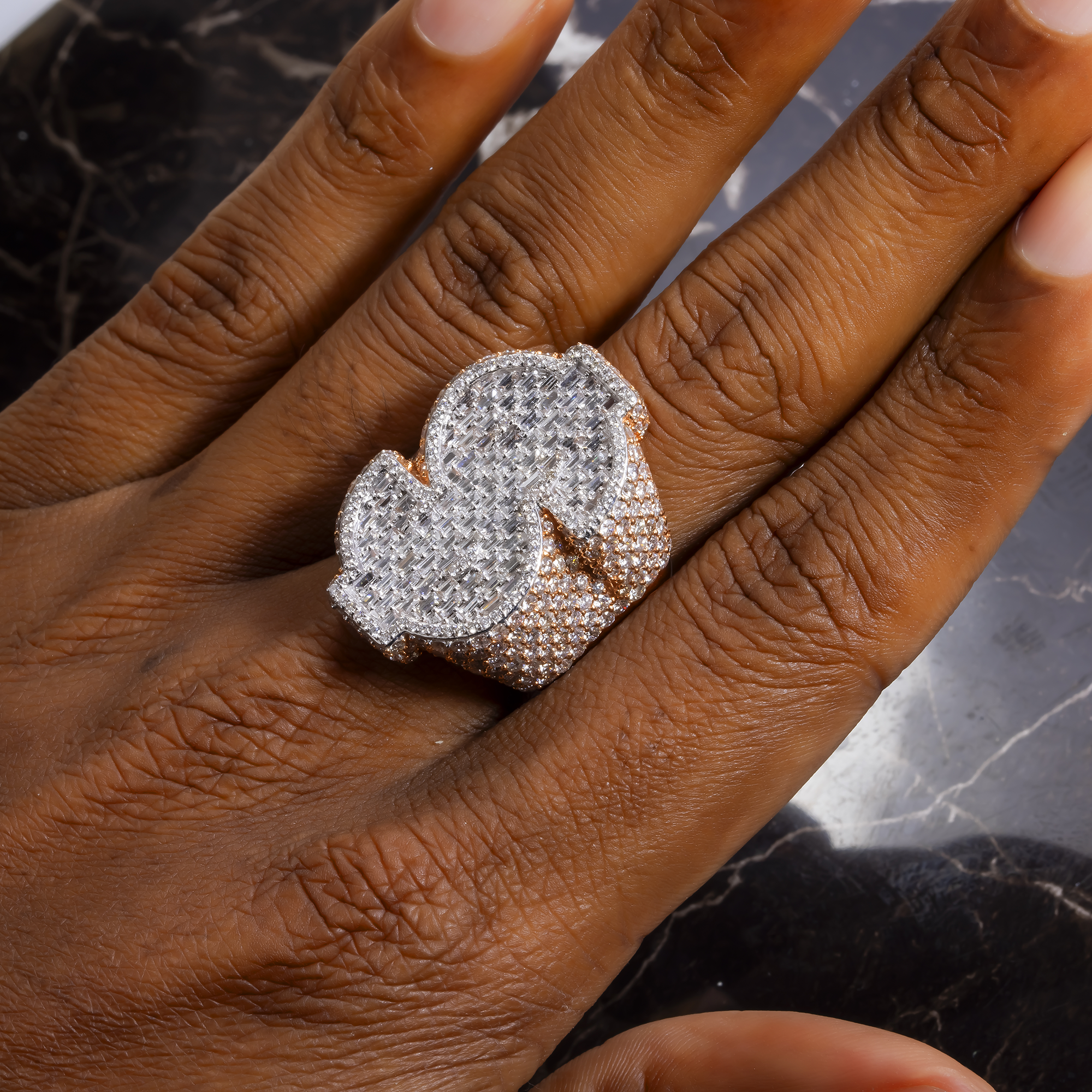 10K GOLD BAGUETTE AND ROUND DIAMOND TWO TONE DOLLAR SIGN STATEMENT RING 6.05 CT