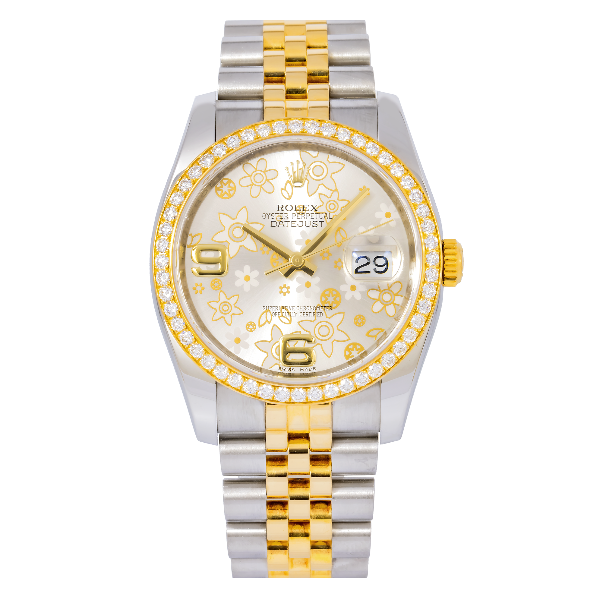 Rolex Datejust 36MM 116243 Silver Floral Arabic Dial Diamond Bezel Two Tone Jubilee Bracelet