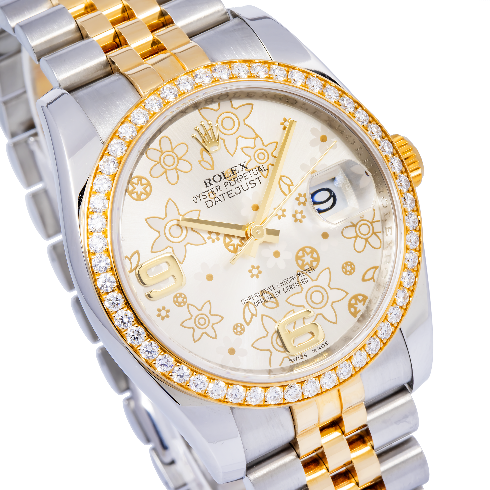 Rolex Datejust 36MM 116243 Silver Floral Arabic Dial Diamond Bezel Two Tone Yellow Gold Jubilee Bracelet