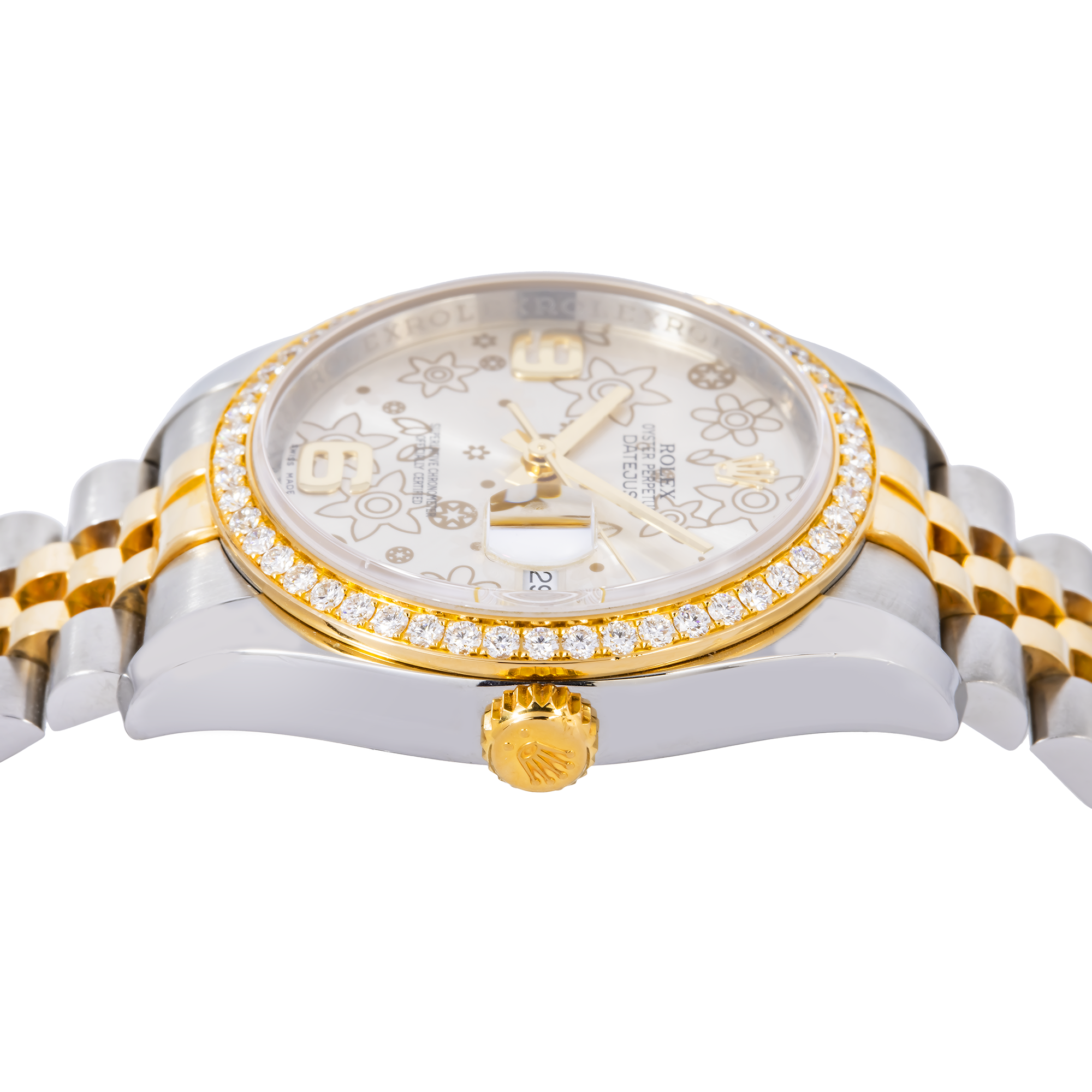 Rolex Datejust 36MM 116243 Silver Floral Arabic Dial Diamond Bezel Two Tone Yellow Gold Jubilee Bracelet
