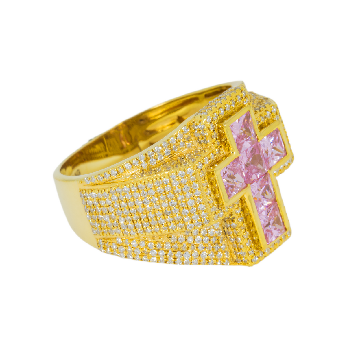10K GOLD DIAMOND AND SQUARE PINK GEMSTONE CROSS RING 3.54 CTW