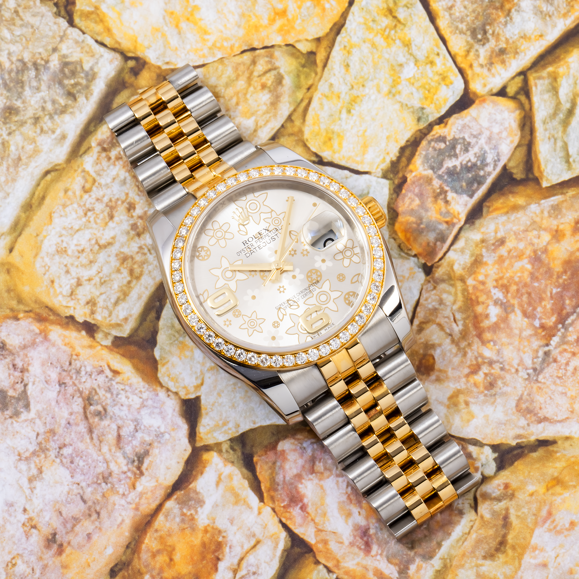 Rolex Datejust 36MM 116243 Silver Floral Arabic Dial Diamond Bezel Two Tone Yellow Gold Jubilee Bracelet