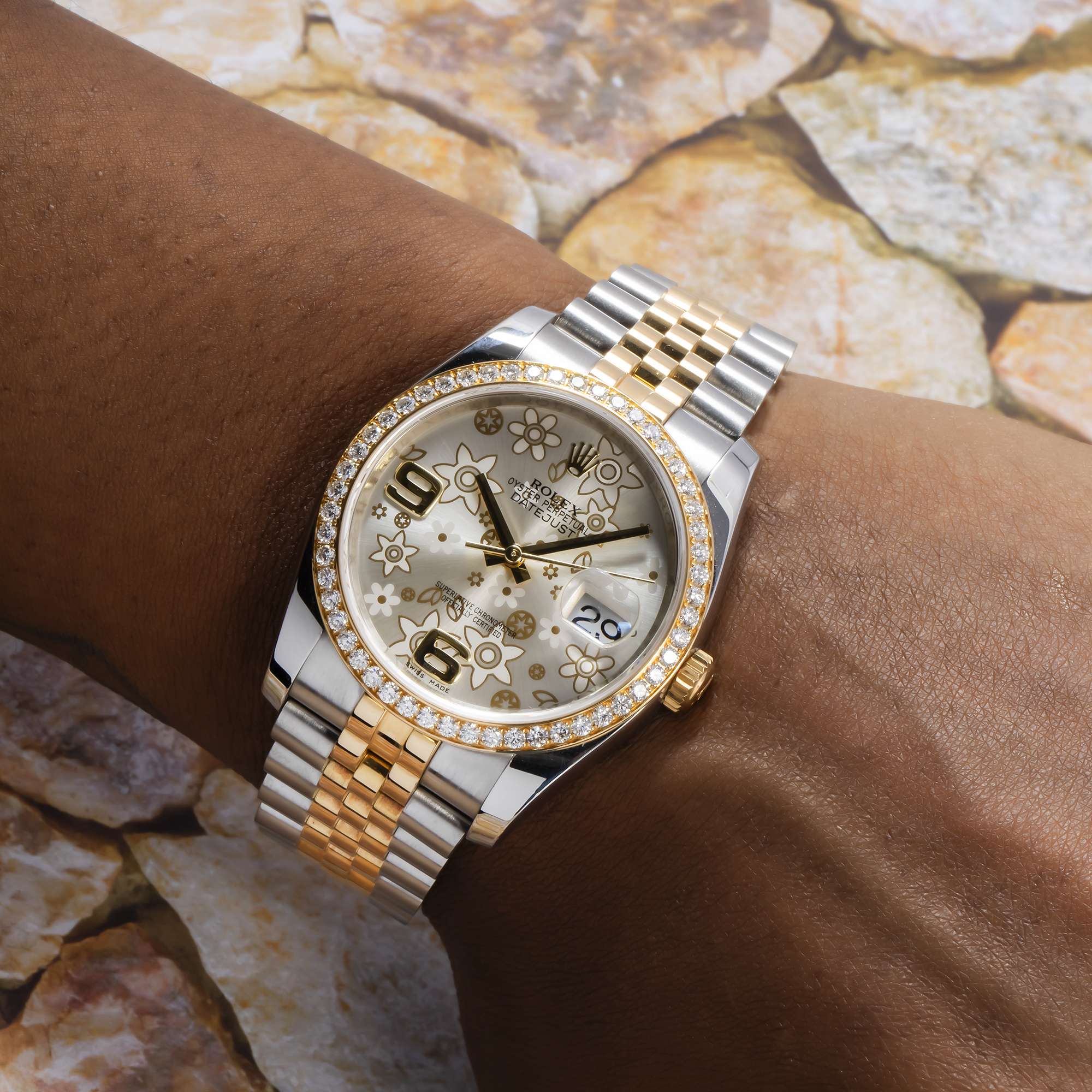 Rolex Datejust 36MM 116243 Silver Floral Arabic Dial Diamond Bezel Two Tone Yellow Gold Jubilee Bracelet