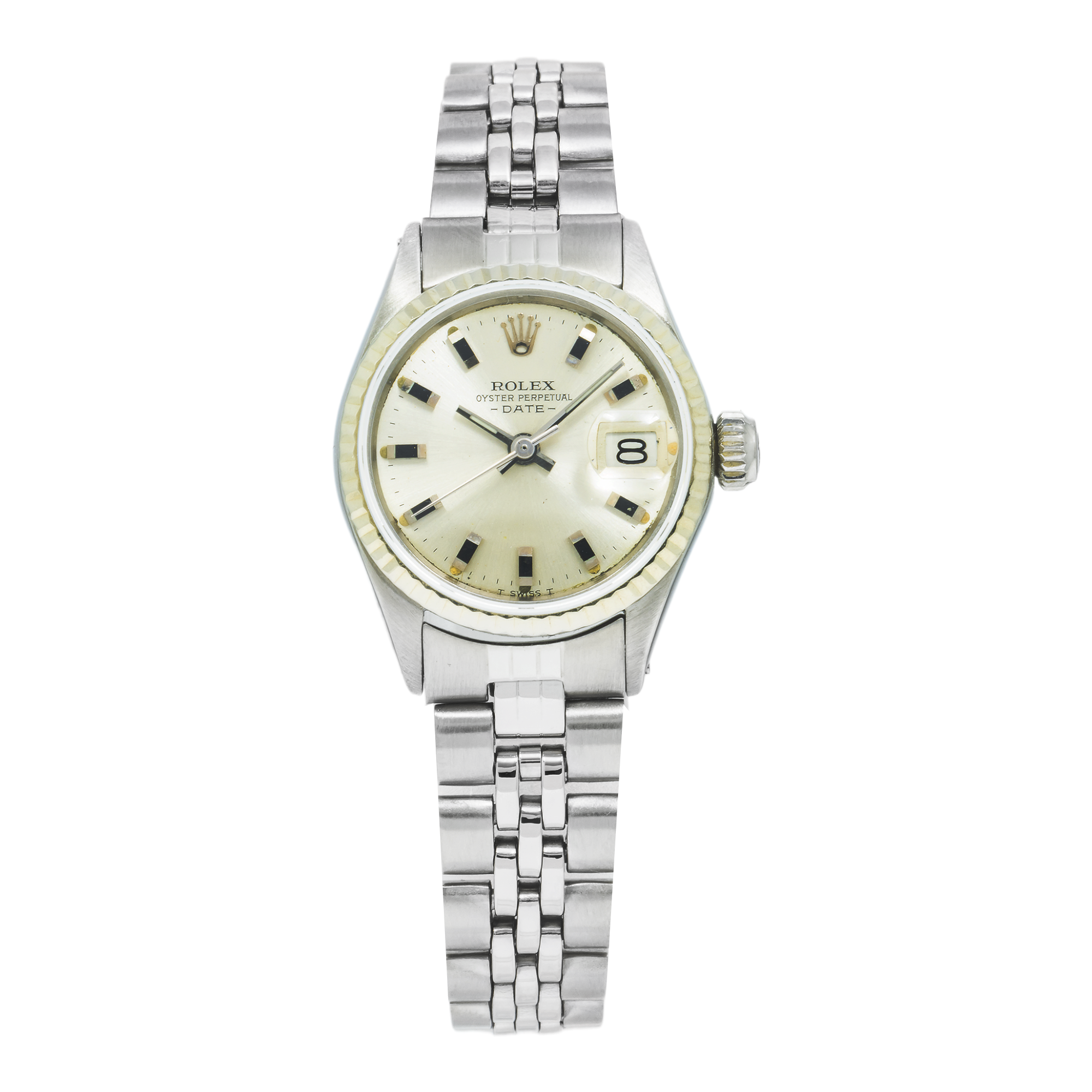Rolex Date 26MM 69240 Silver Dial White Gold Fluted Bezel Stainless Steel Jubilee Bracelet