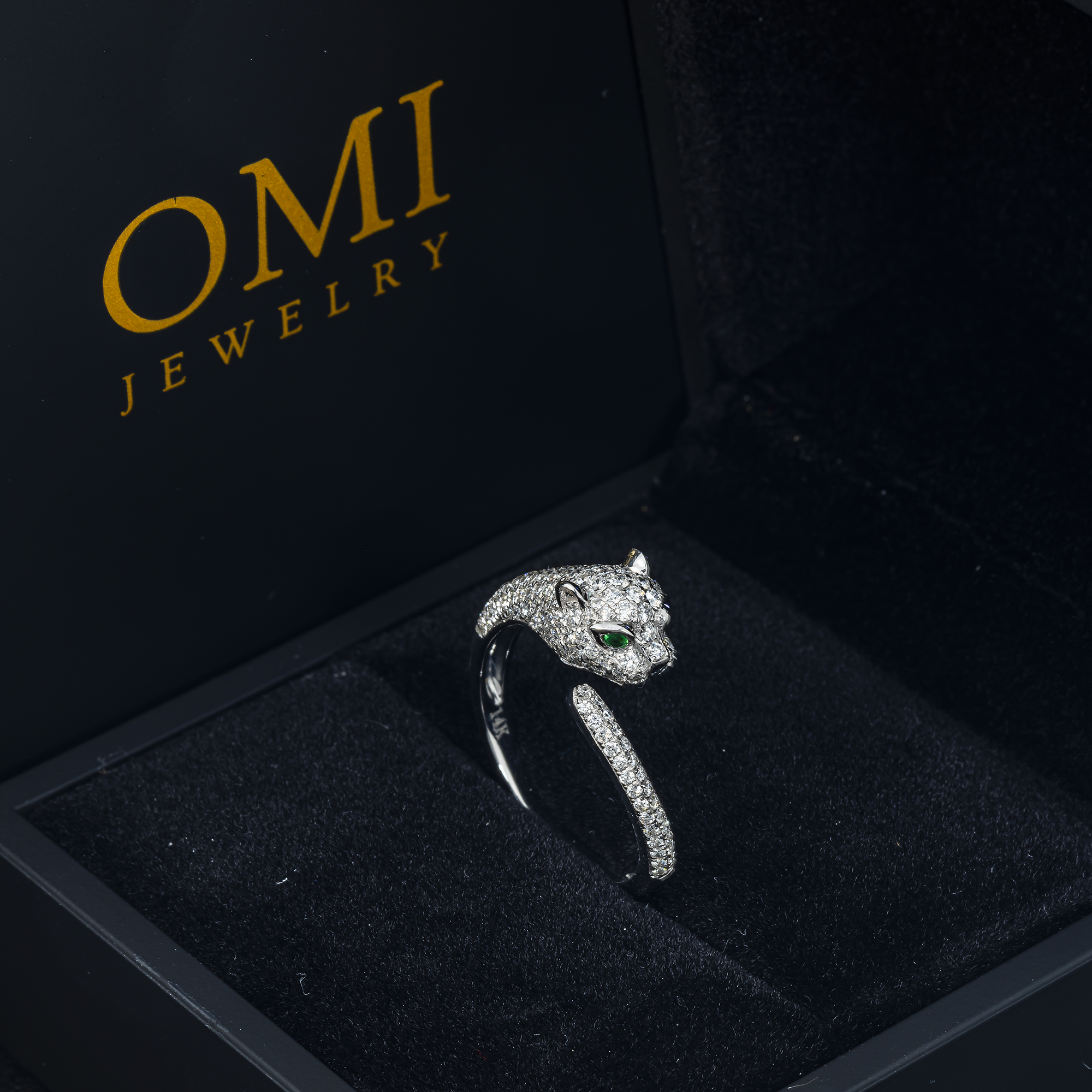 14K GOLD DIAMOND AND EMERALD GEMSTONE PANTHER DESIGNER RING 0.75 CTW
