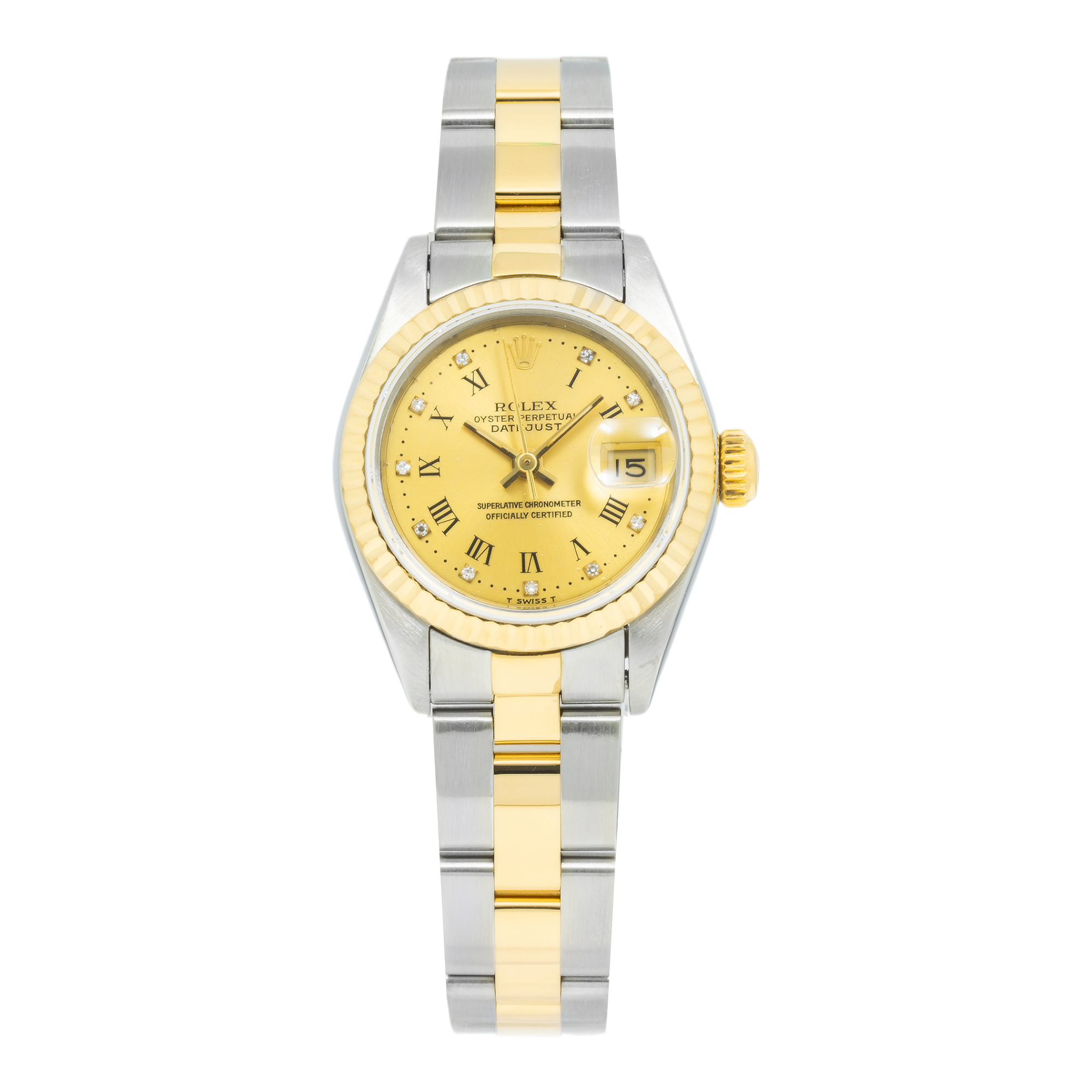 Rolex Datejust 26MM 69173 Champagne Roman Dial Yellow Gold Fluted Bezel Two Tone Oyster Bracelet
