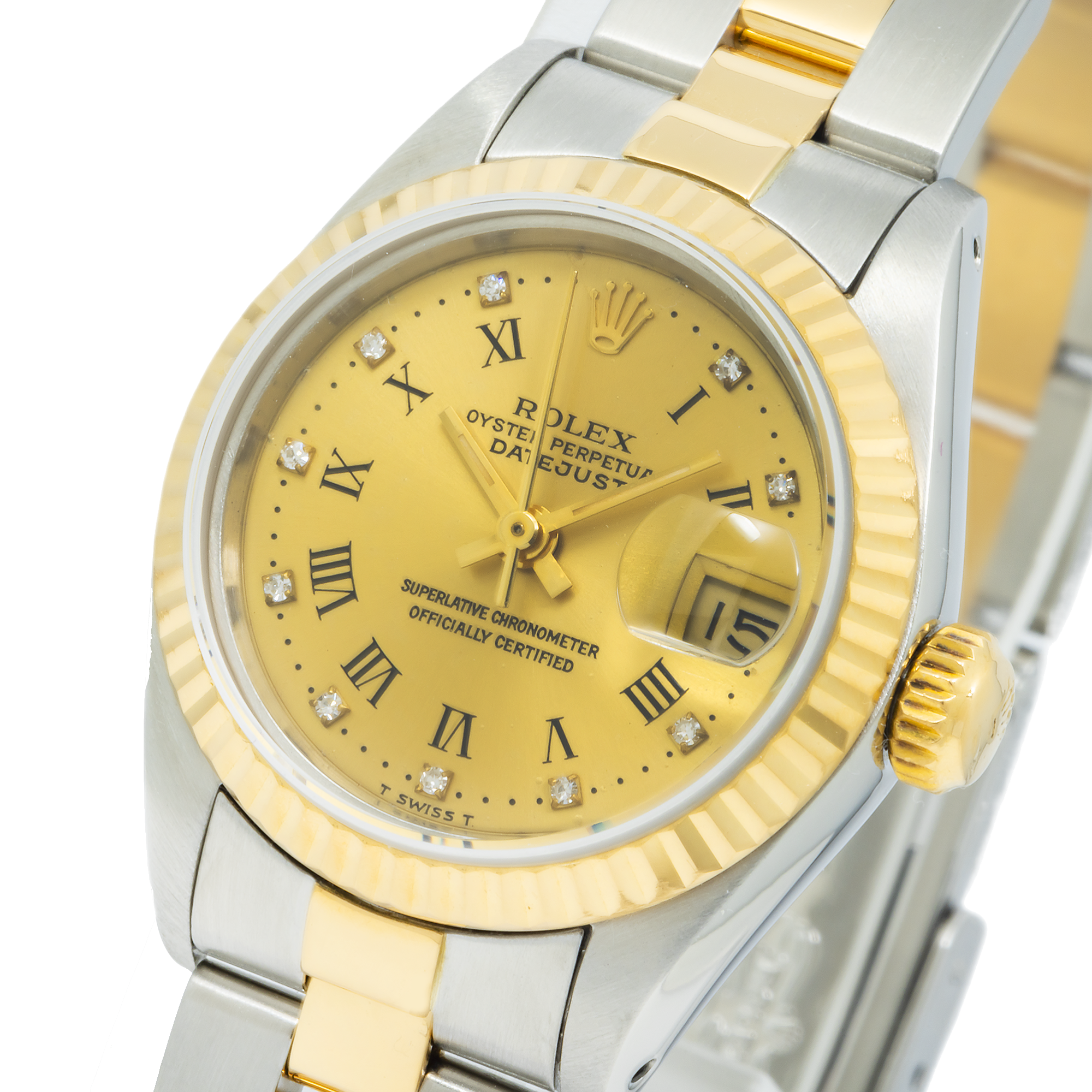 Rolex Datejust 26MM 6917 Champagne Roman Diamond Dial Fluted Bezel Two Tone Yellow Gold Oyster Bracelet