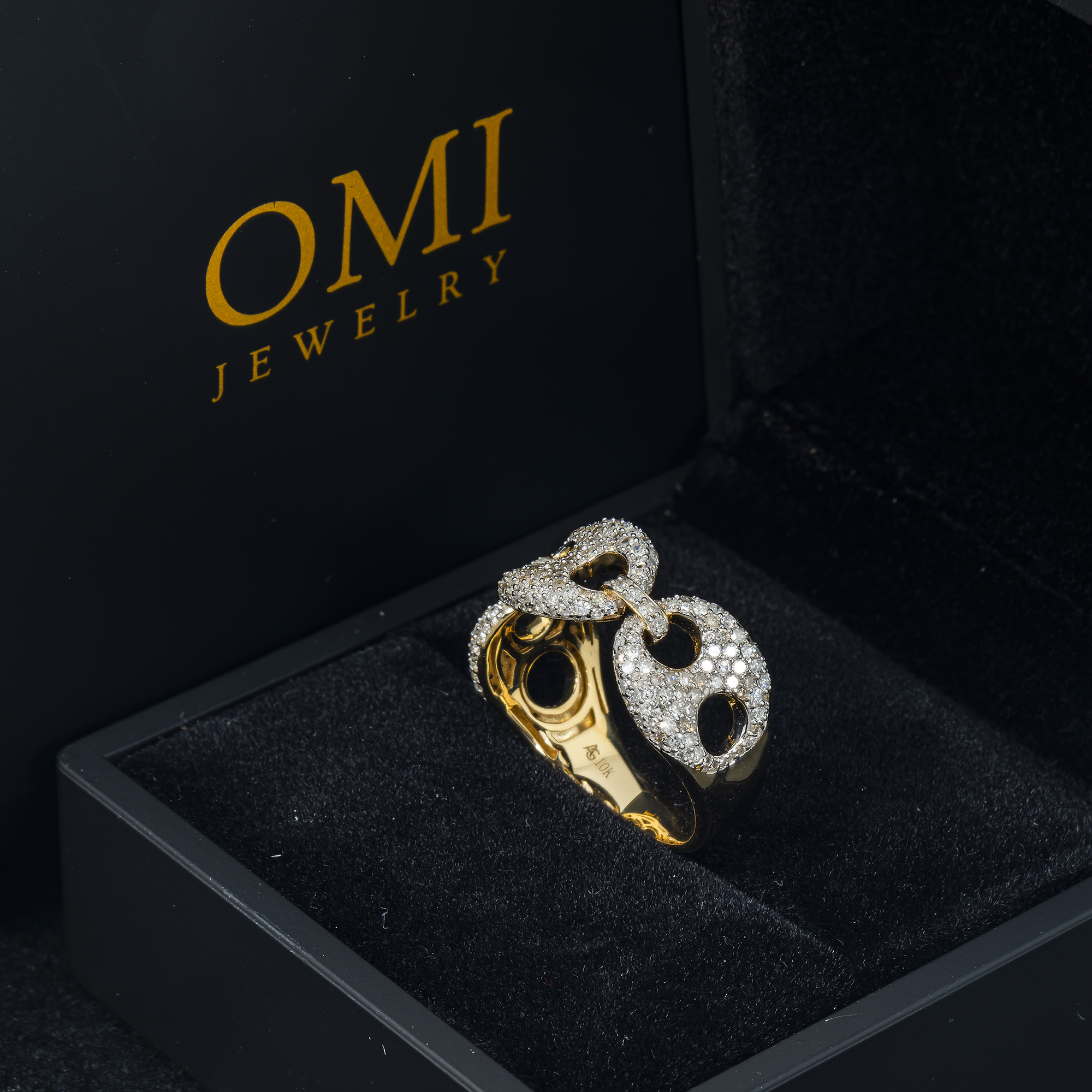 10K GOLD DIAMOND 10.7MM DESIGNER LINK RING 1.15 CT