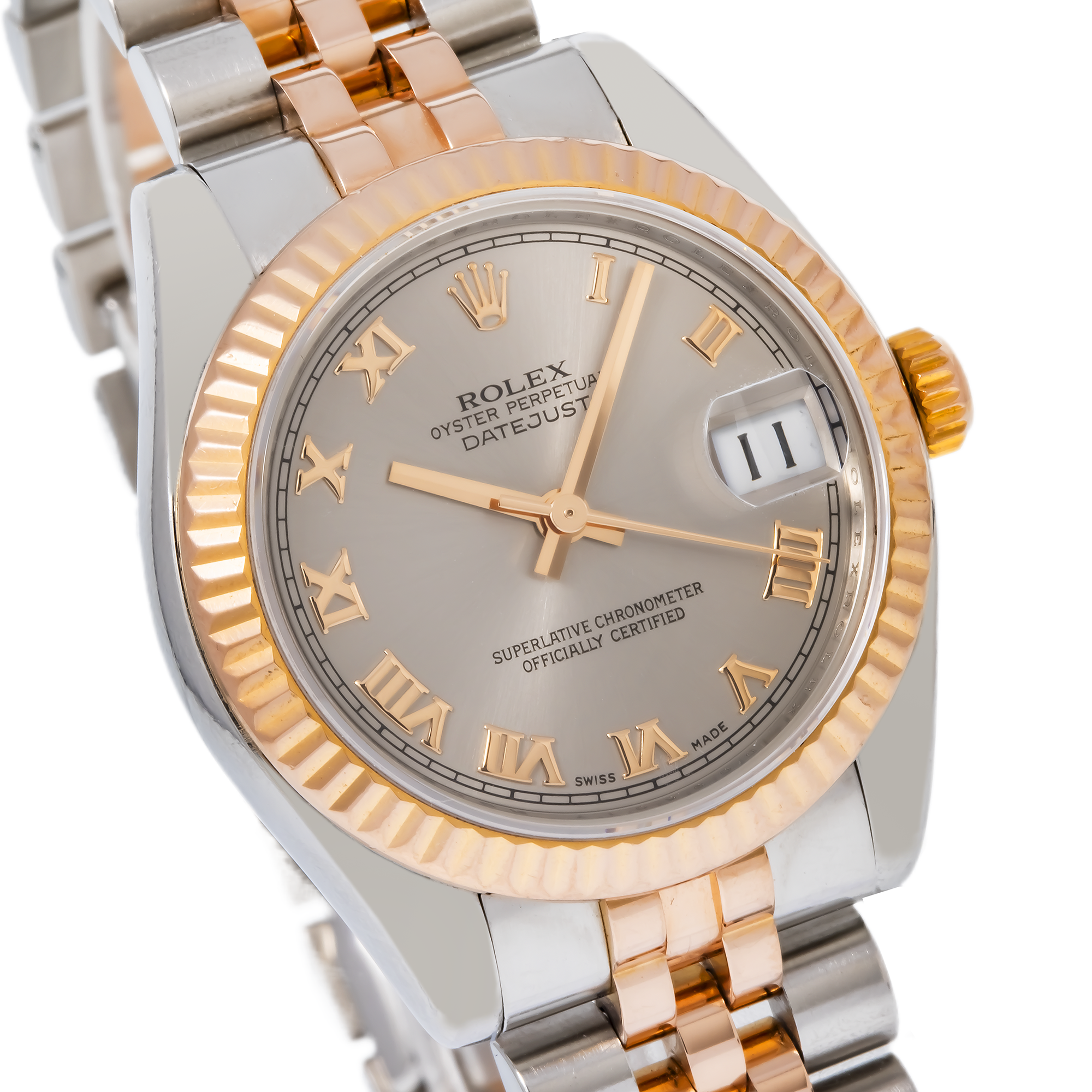 Rolex Datejust 31MM 178271 Silver Roman Dial Fluted Bezel Two Tone Rose Gold Jubilee Bracelet
