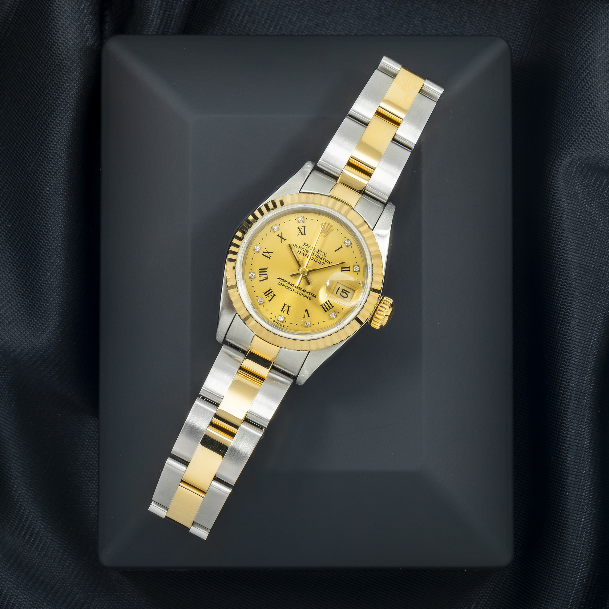 Rolex Datejust 26MM 6917 Champagne Roman Diamond Dial Fluted Bezel Two Tone Yellow Gold Oyster Bracelet
