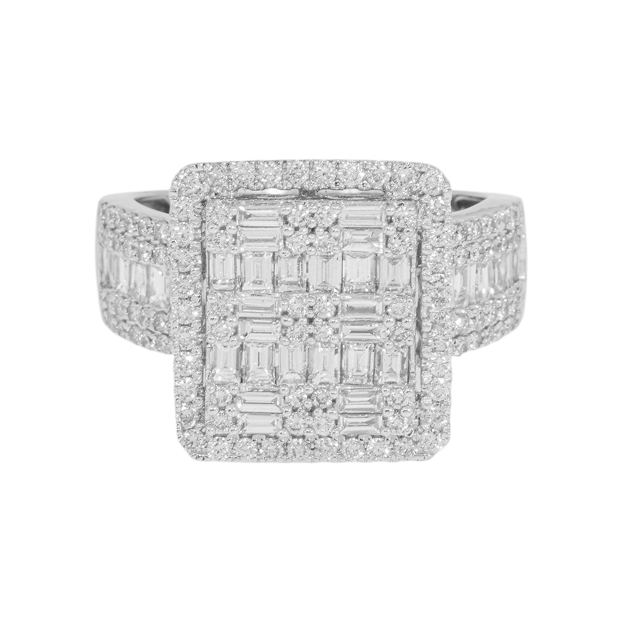 10K GOLD BAGUETTE AND ROUND DIAMOND CLUSTER STATEMENT RING 2.30 CT