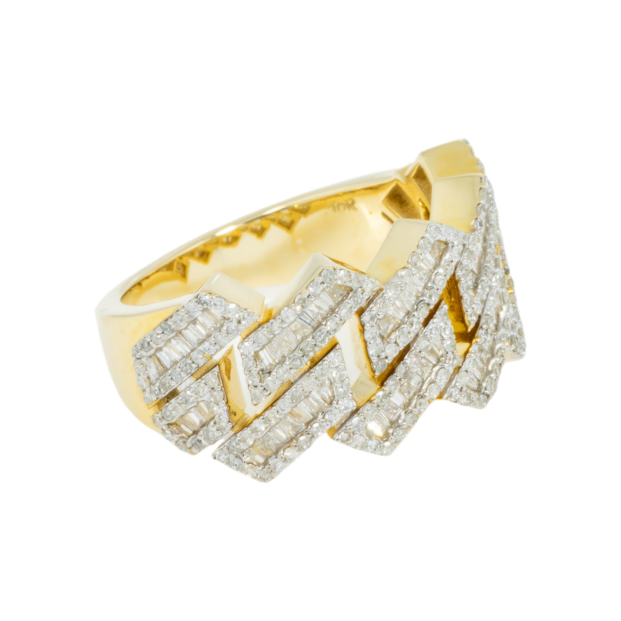 14K GOLD BAGUETTE AND ROUND DIAMOND CUBAN LINK RING 2.20 CT