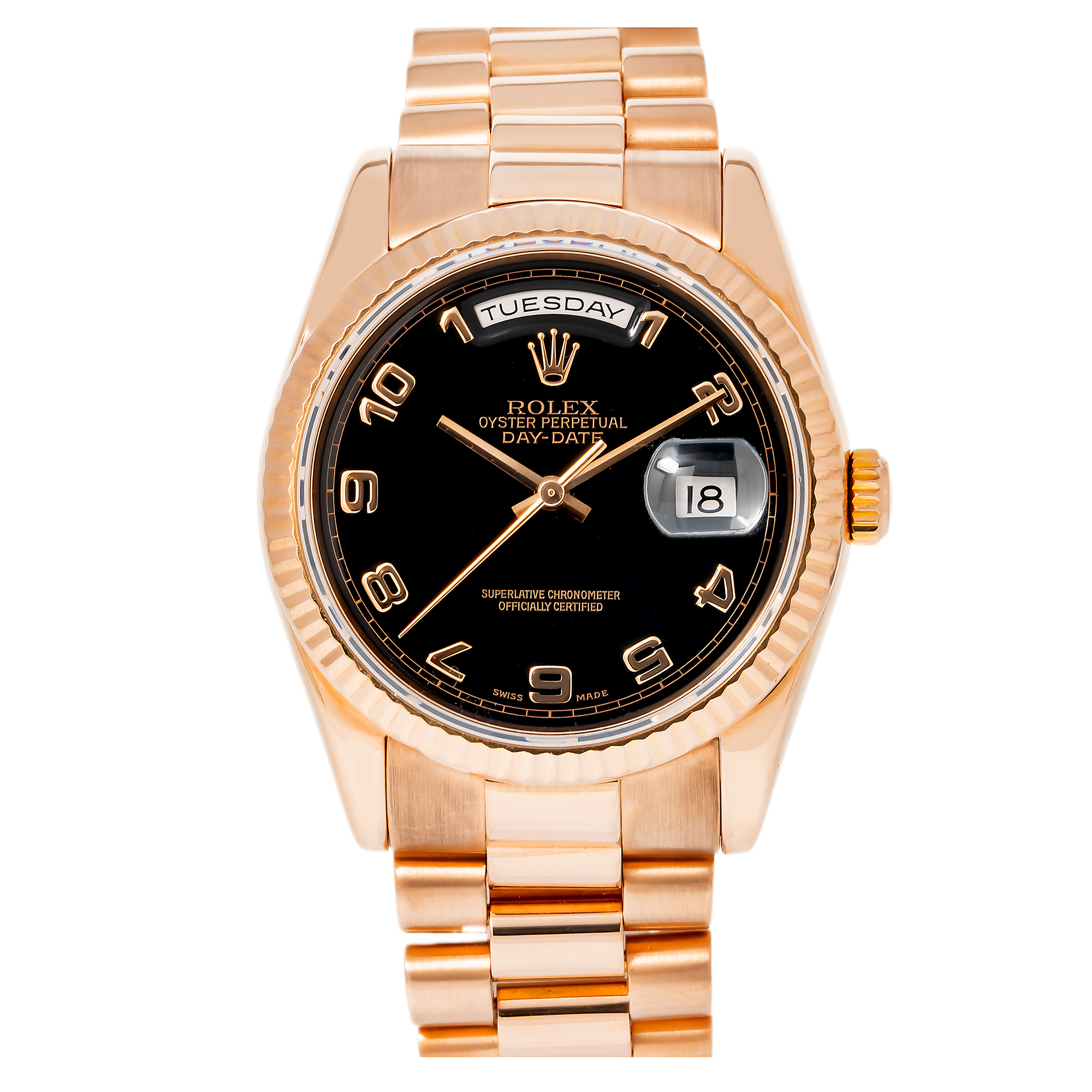 Rolex Day-Date 36MM 118235 Black Arabic Dial Rose Gold Fluted Bezel 18K Rose Gold President Bracelet