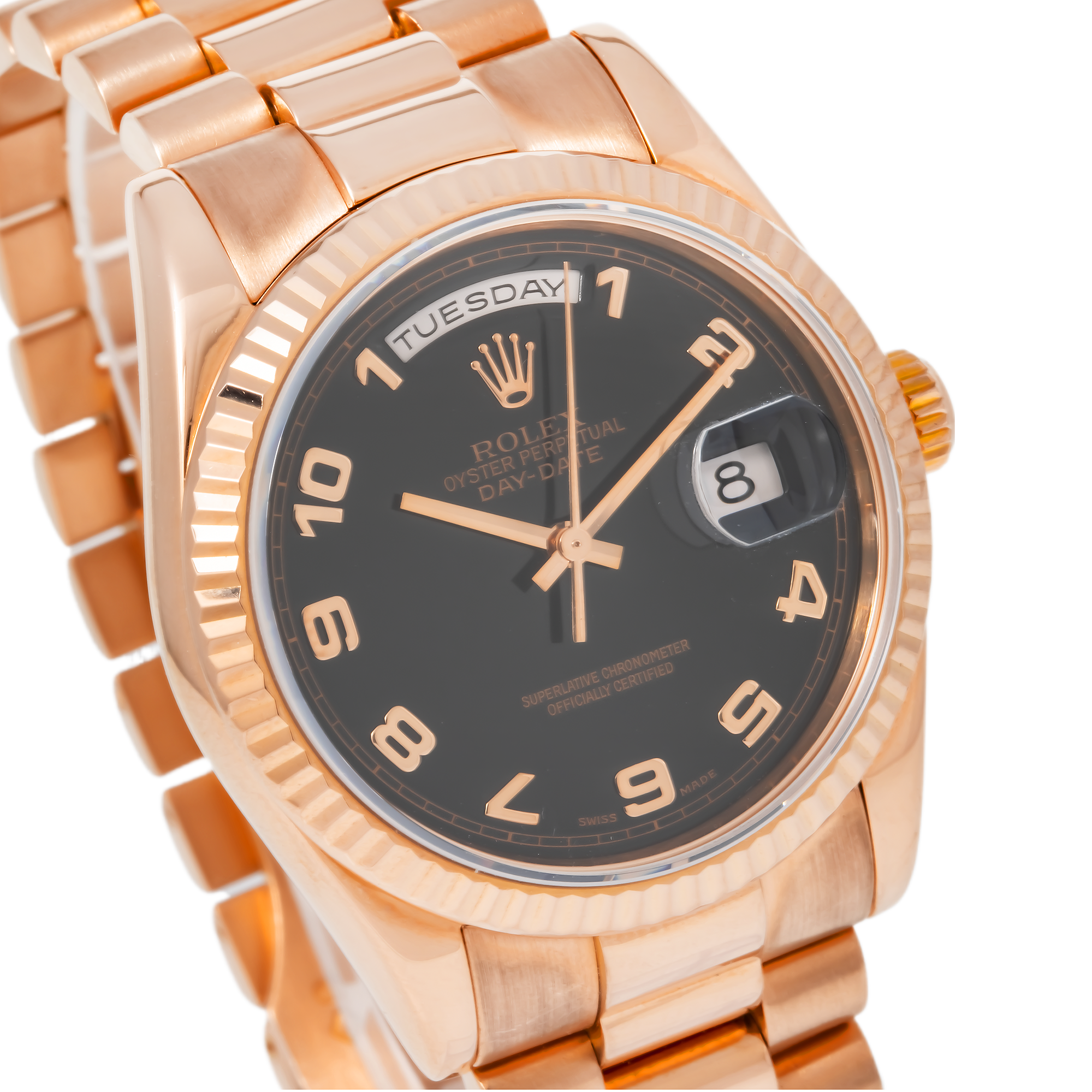 Rolex Day-Date 36MM 118235 Black Arabic Dial Fluted Bezel 18K Rose Gold President Bracelet