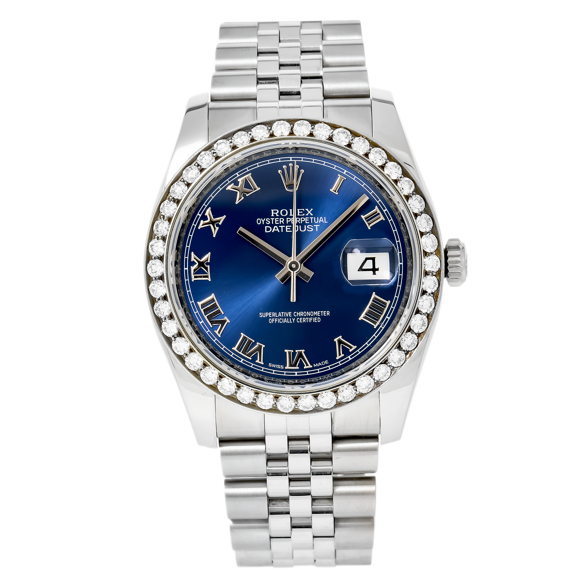 STAINLESS STEEL ROLEX DATEJUST 116200 36MM BLUE DIAL AND DIAMOND BEZEL