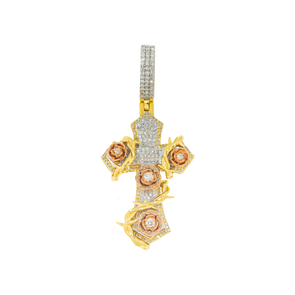 アクセサリー OMI Buy 10K GOLD DIAMOND MICRO-PAVE CROSS WITH ROSES PENDANT 1.20 CT