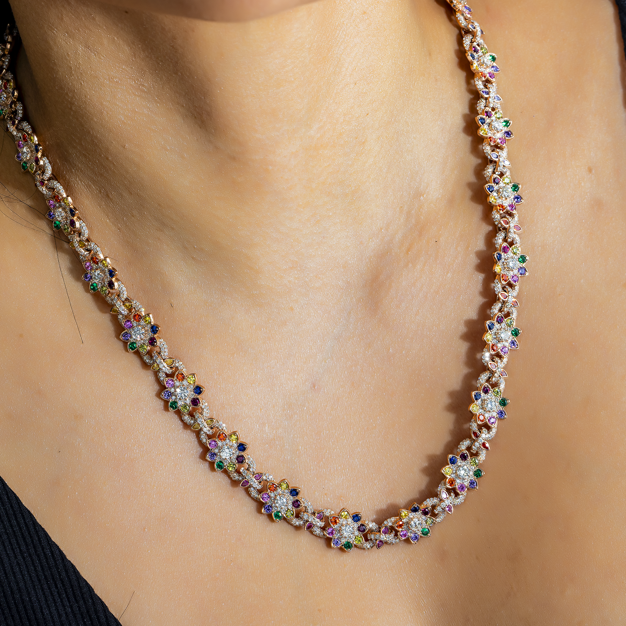 10K GOLD DIAMOND AND SAPPHIRE FLOWER LINK CHAIN 38.94 CTW