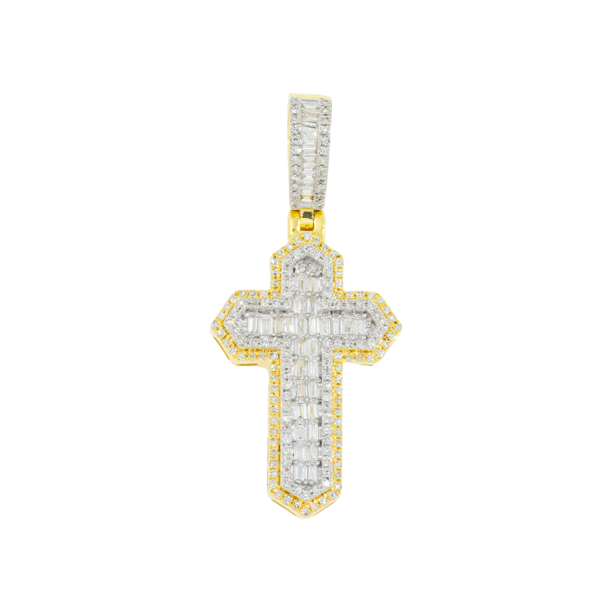 14K GOLD TWO TONE BAGUETTE AND ROUND DIAMOND CROSS PENDANT 0.80 CT
