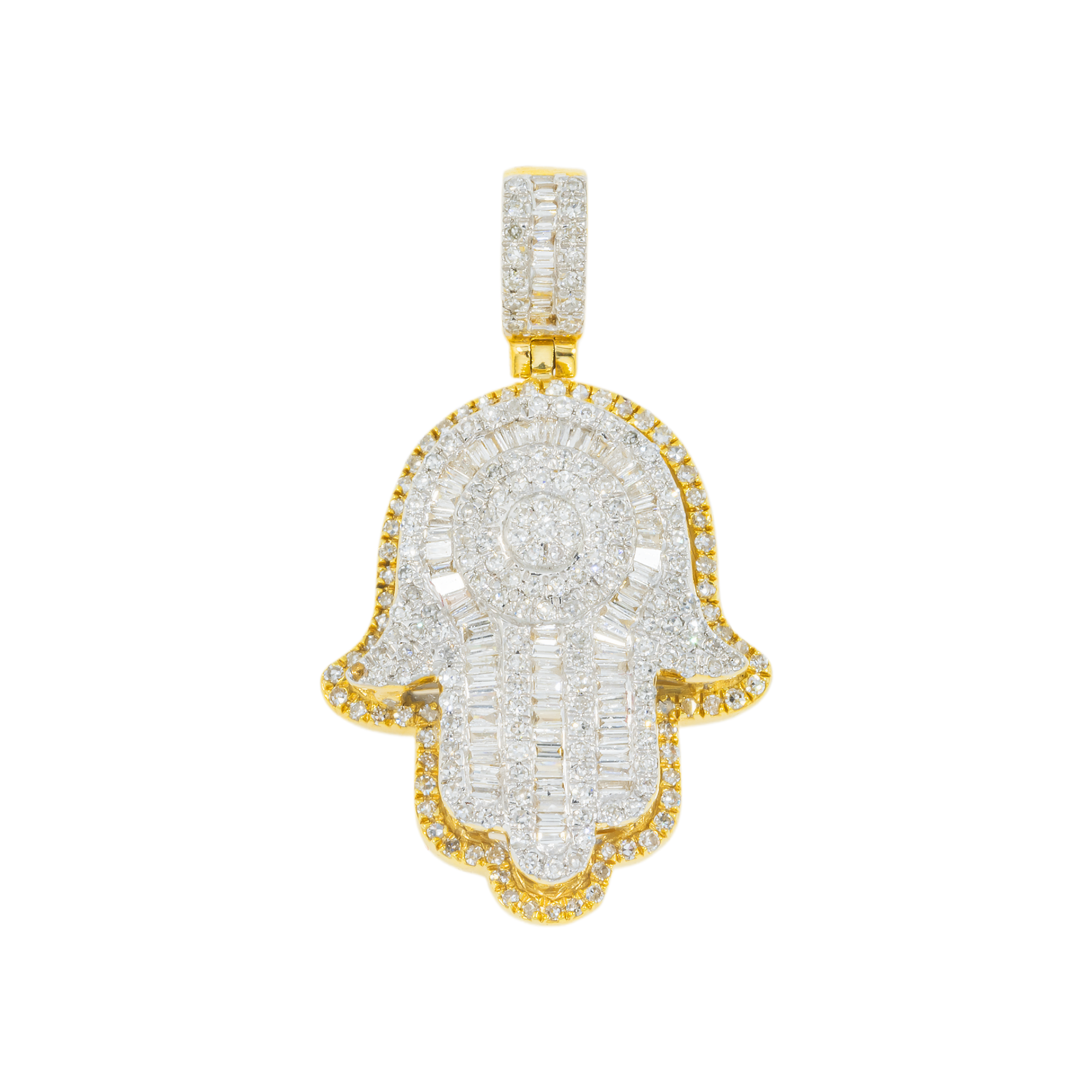 14K GOLD BAGUETTE AND ROUND DIAMOND CLUSTER HAMSA PENDANT 1.00 CT
