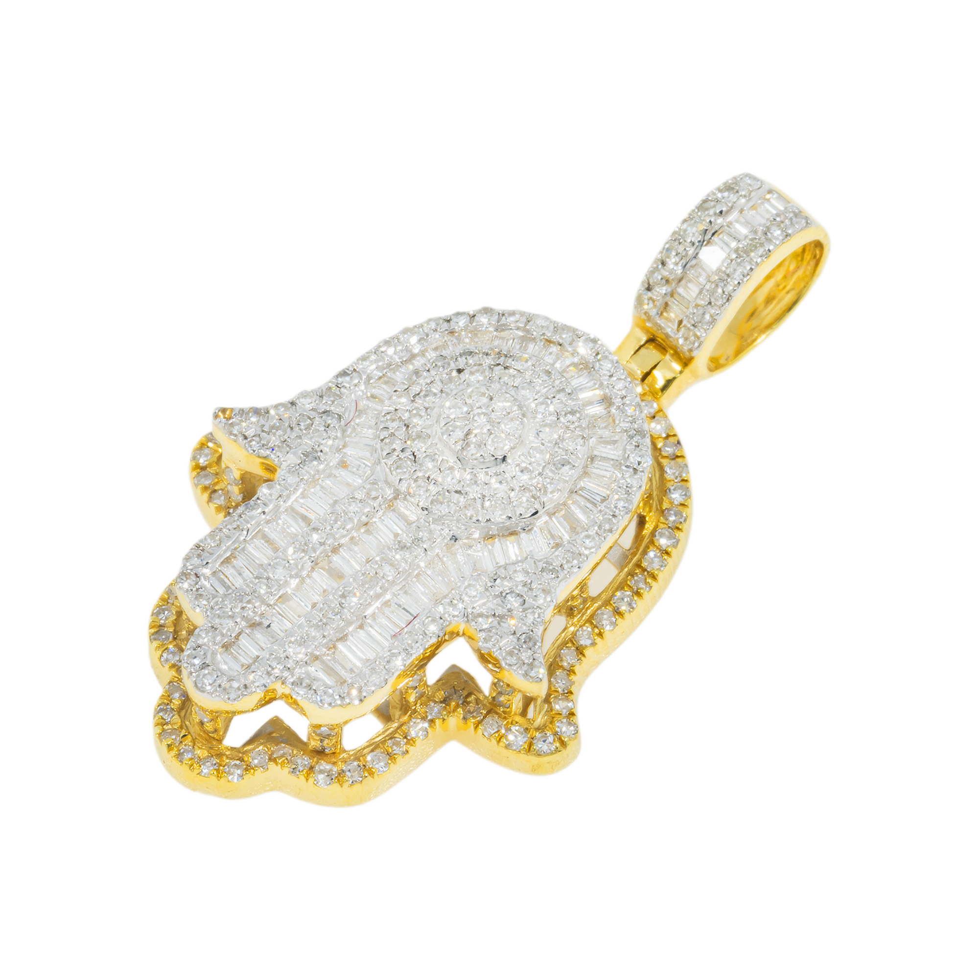 14K GOLD BAGUETTE AND ROUND DIAMOND CLUSTER HAMSA PENDANT 1.00 CT