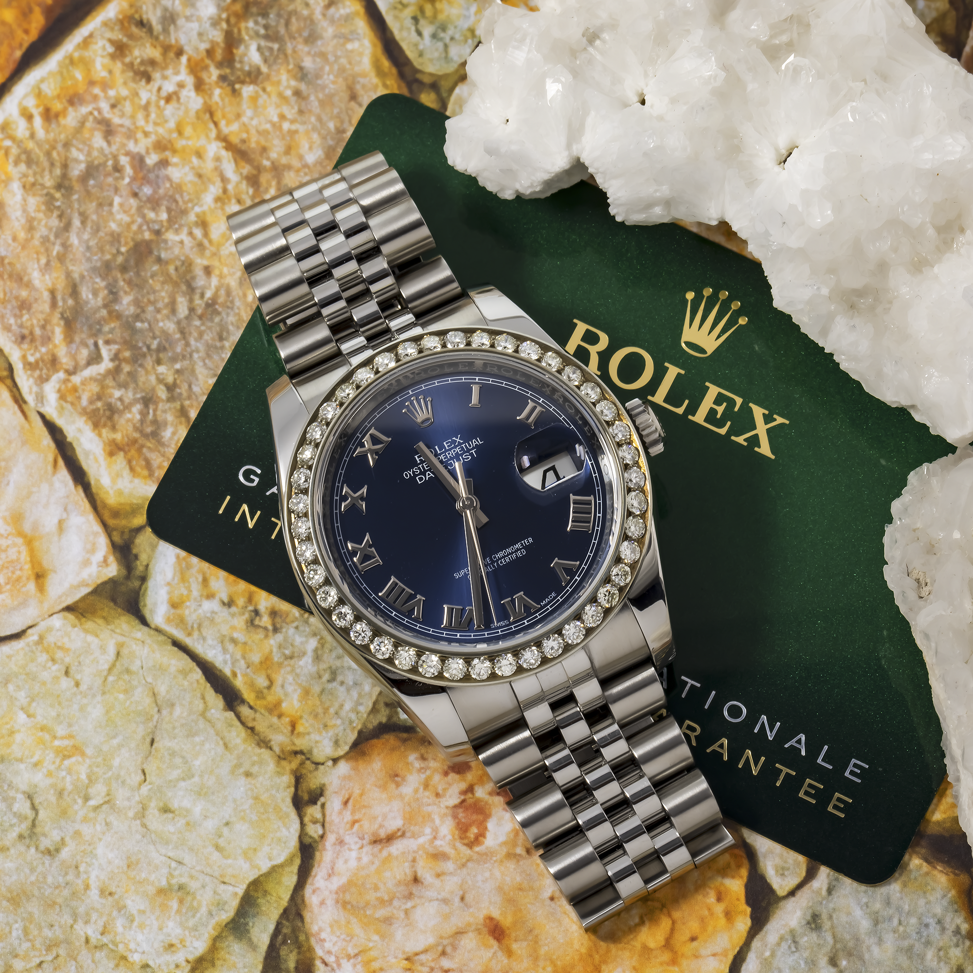 STAINLESS STEEL ROLEX DATEJUST 116200 36MM BLUE DIAL AND DIAMOND BEZEL