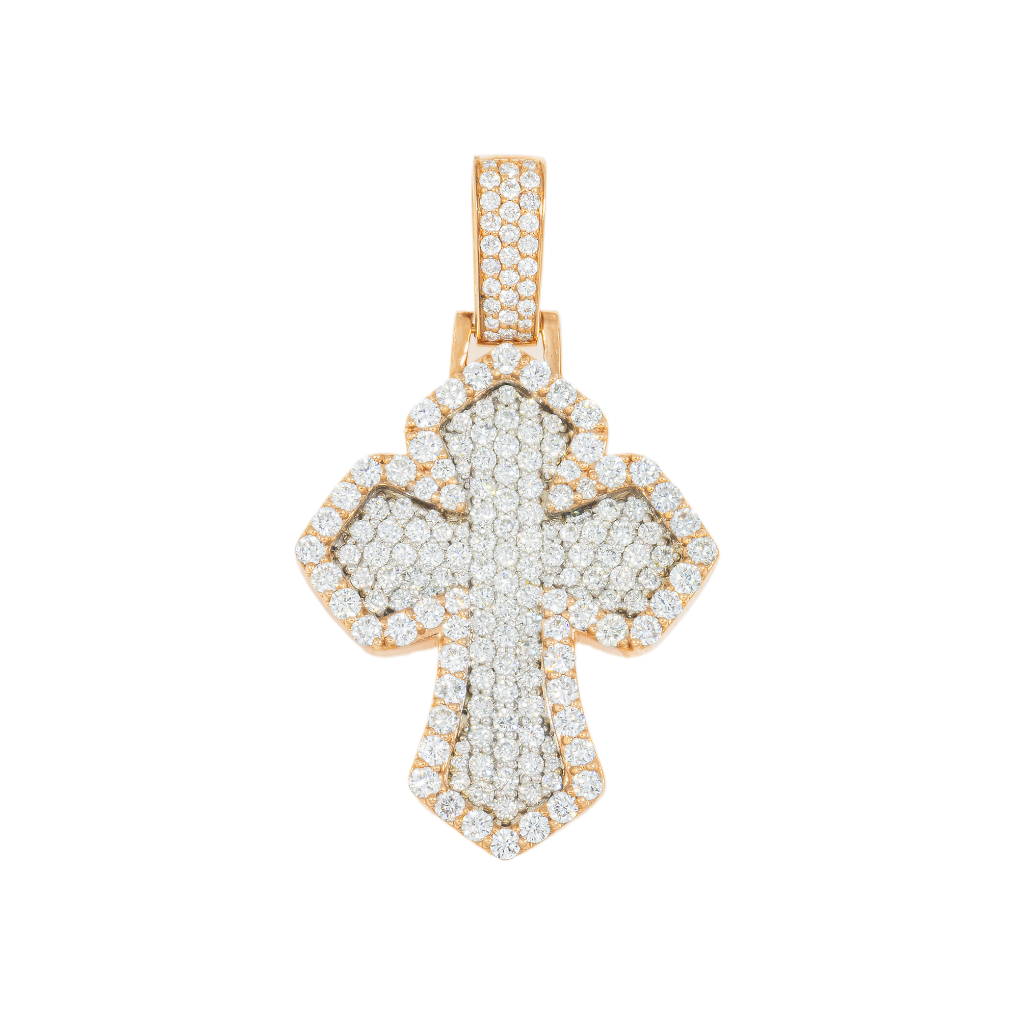 14K GOLD TWO TONE DIAMOND 3D INVERTED FLEUR DE LIS BUBBLE CROSS PENDANT 2.30 CT