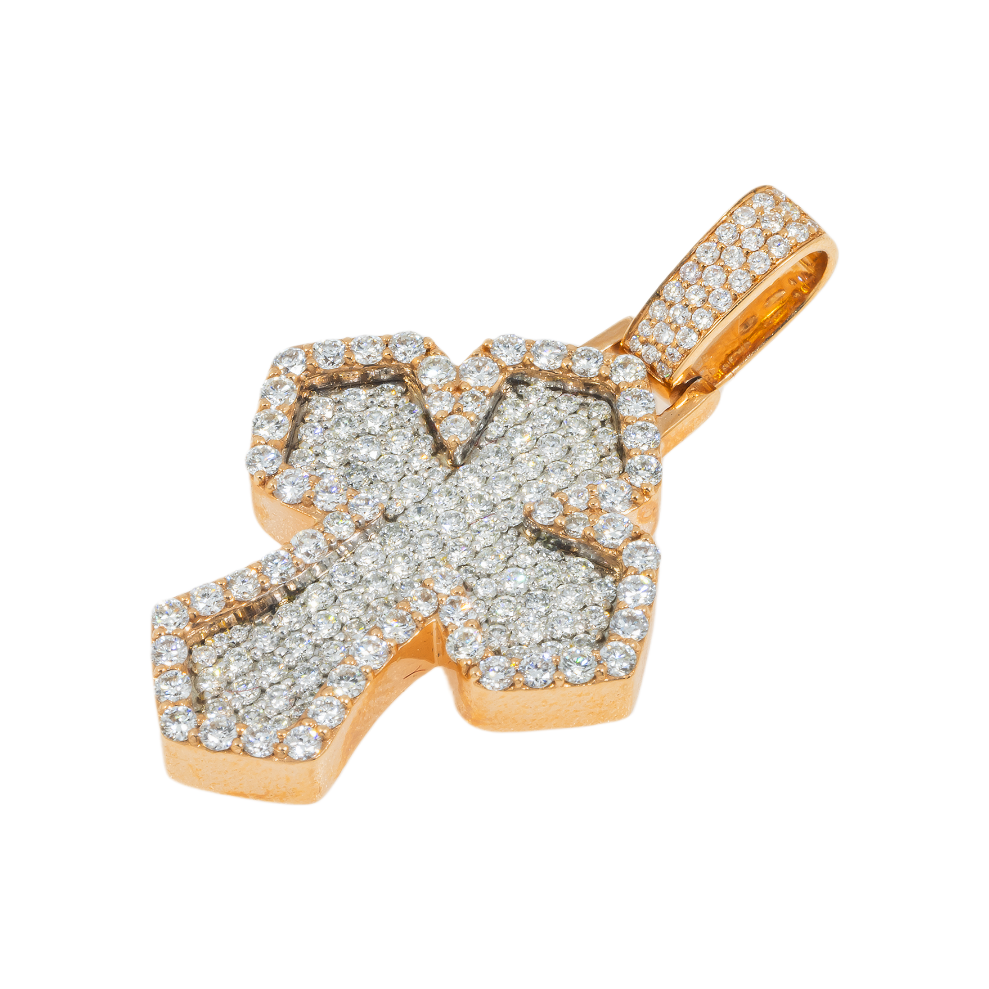 14K GOLD TWO TONE DIAMOND 3D INVERTED FLEUR DE LIS BUBBLE CROSS PENDANT 2.30 CT