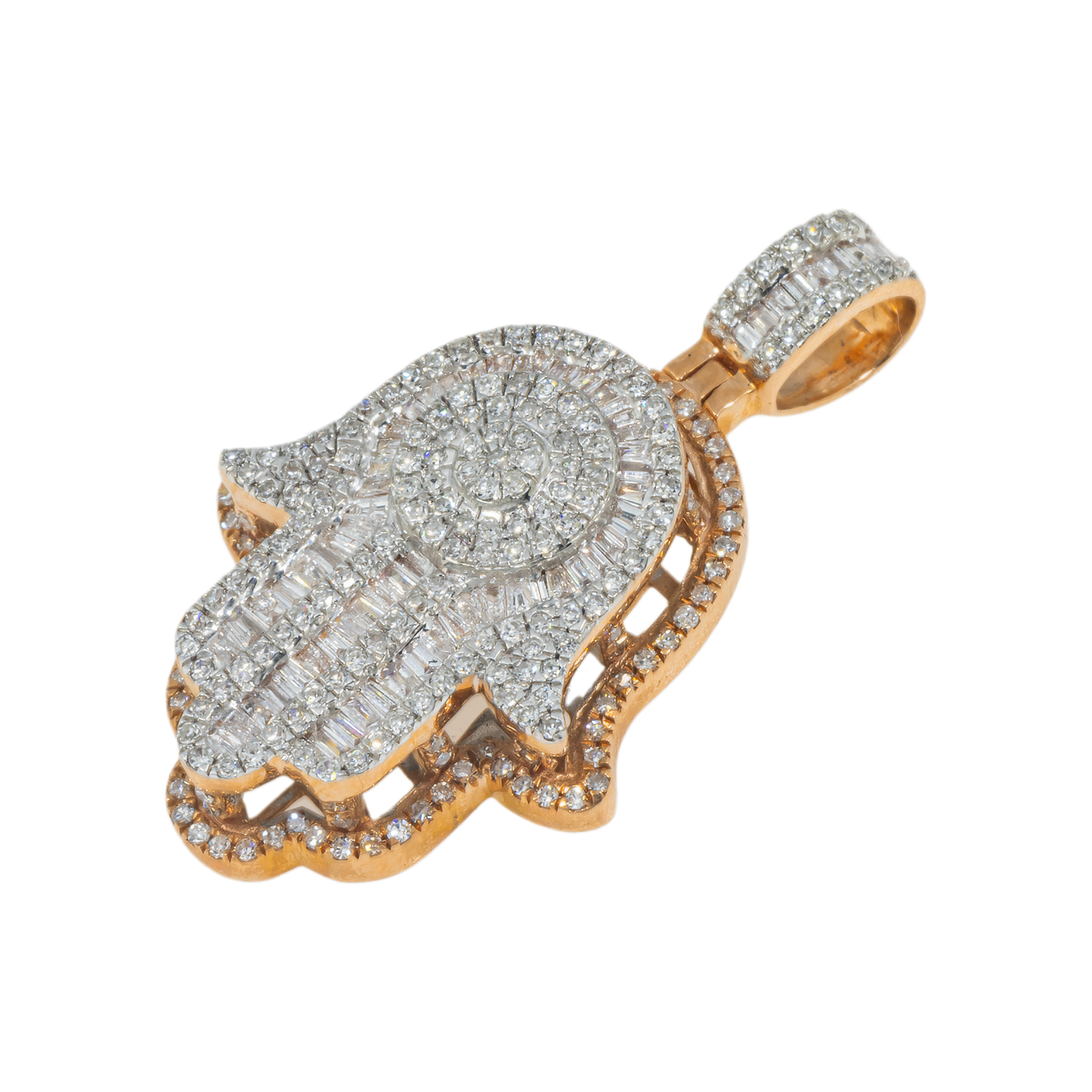 14K GOLD BAGUETTE AND ROUND DIAMOND CLUSTER HAMSA PENDANT 1.00 CT