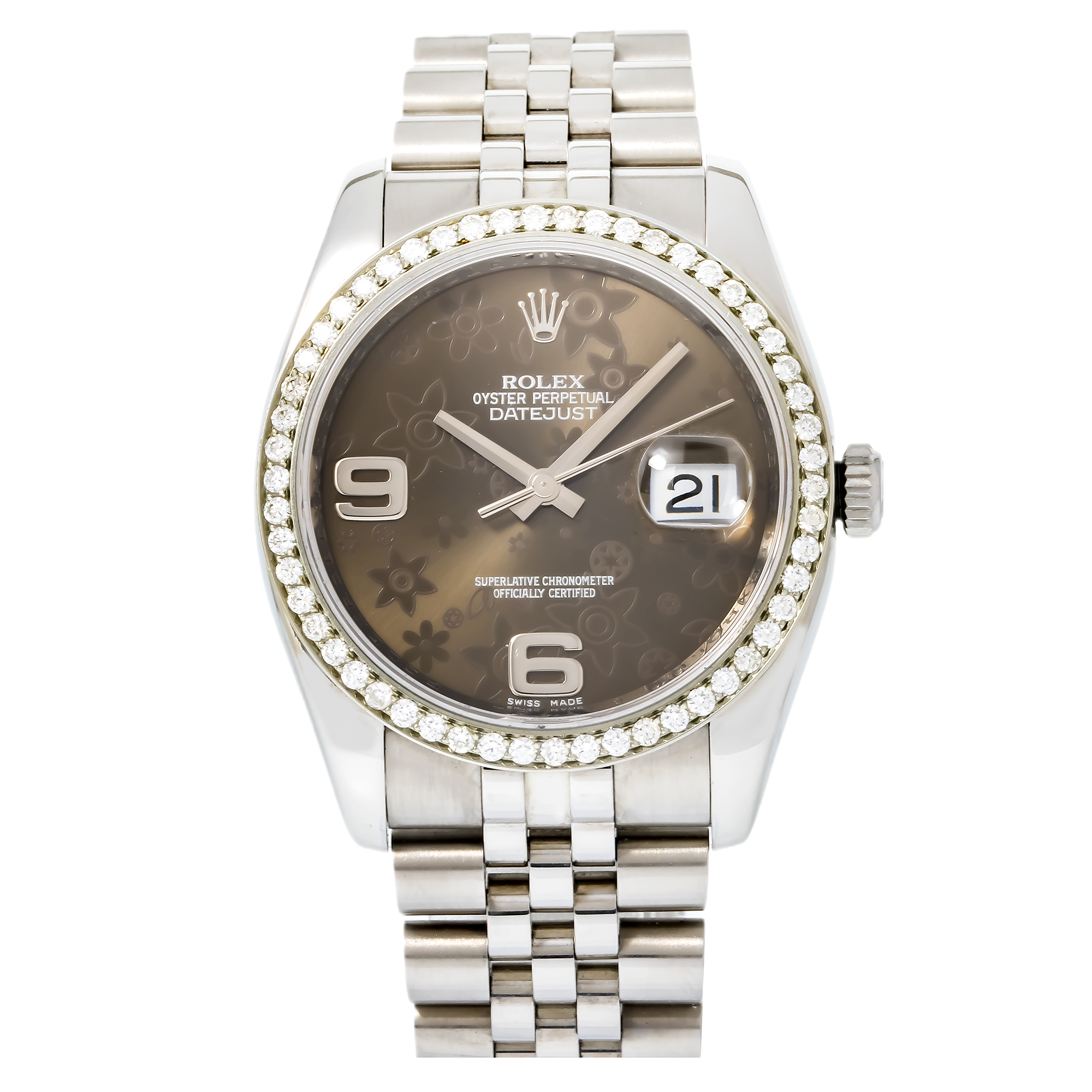 Rolex Datejust 36MM 116234 Brown Floral Arabic Dial Diamond Bezel Stainless Steel Jubilee Bracelet