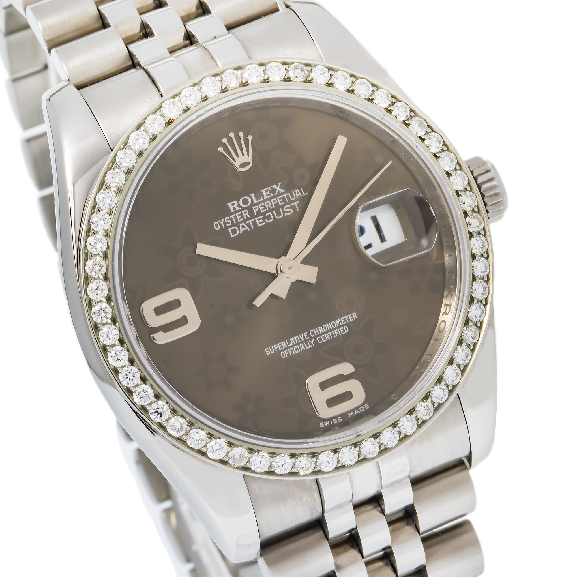 Rolex Datejust 36MM 116234 Brown Floral Arabic Dial Diamond Bezel Stainless Steel Jubilee Bracelet