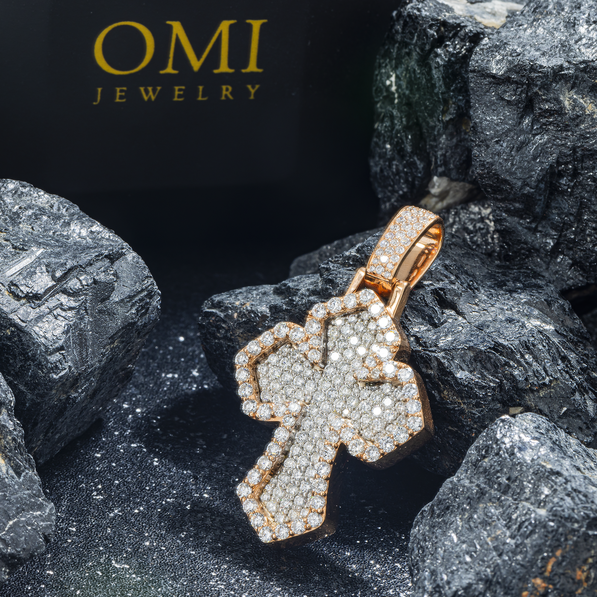 14K GOLD TWO TONE DIAMOND 3D INVERTED FLEUR DE LIS BUBBLE CROSS PENDANT 2.30 CT