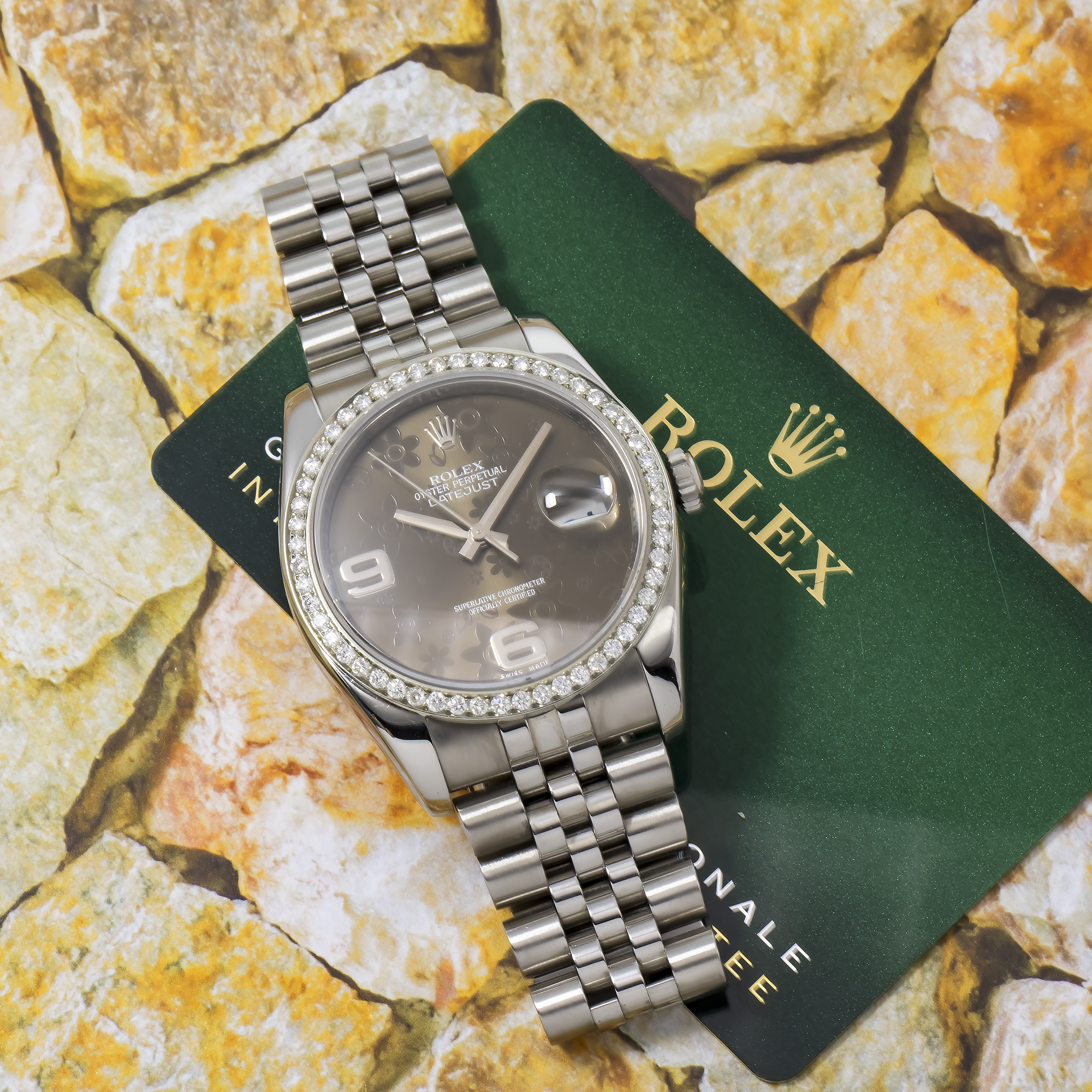 Rolex Datejust 36MM 116234 Brown Floral Arabic Dial Diamond Bezel Stainless Steel Jubilee Bracelet