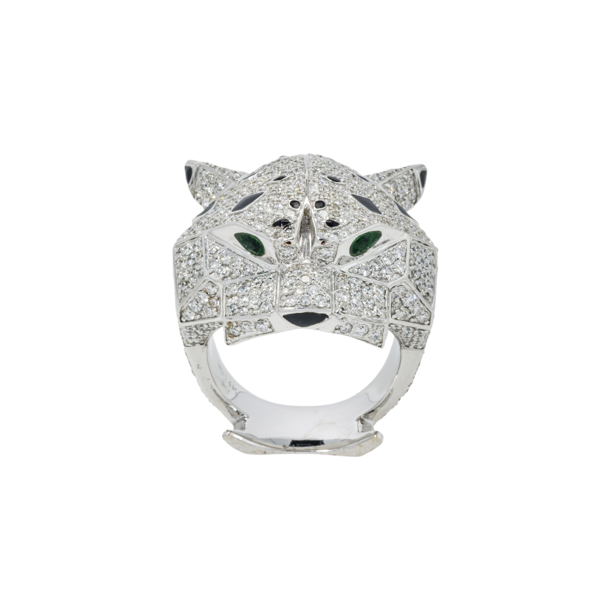 14K GOLD DIAMOND PANTHER WITH EMERALD EYES RING 5.00 CTW